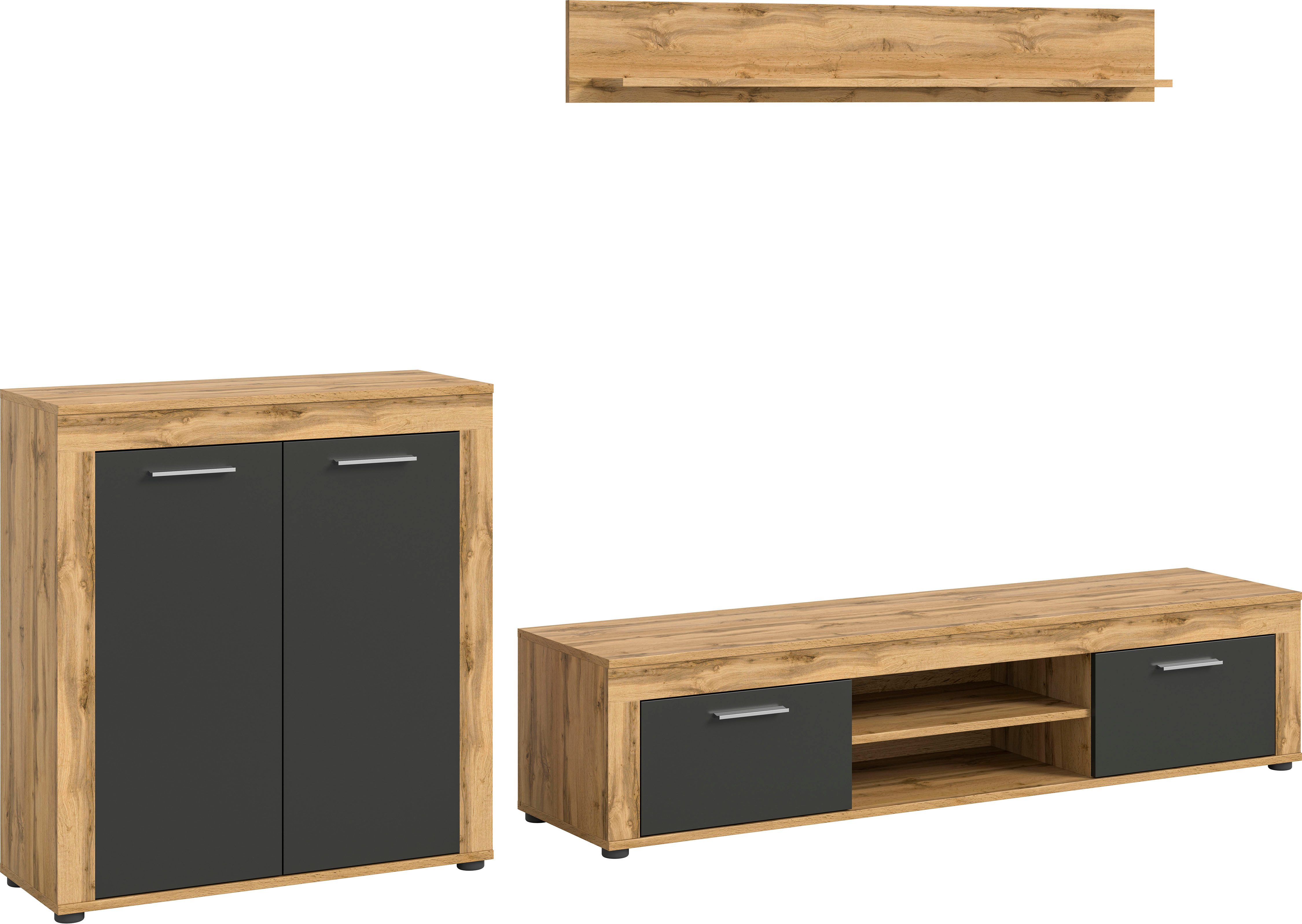 INOSIGN Wandmeubel Aosta, Breedte 255cm, bestaand uit Highboard, Lowboard, Wandplank Woonwand, combinatie, opbouwwand, meubelset, kastwand, meubelcombi (3-delig)