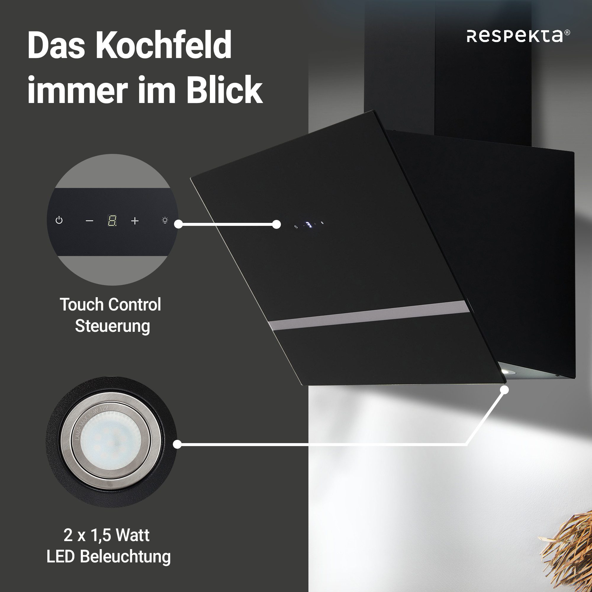 RESPEKTA Schuine wandkap CH 24060 SAM 60 cm, 3 vermogensniveaus, led-verlichting, geschikt voor afzuiging en recirculatie