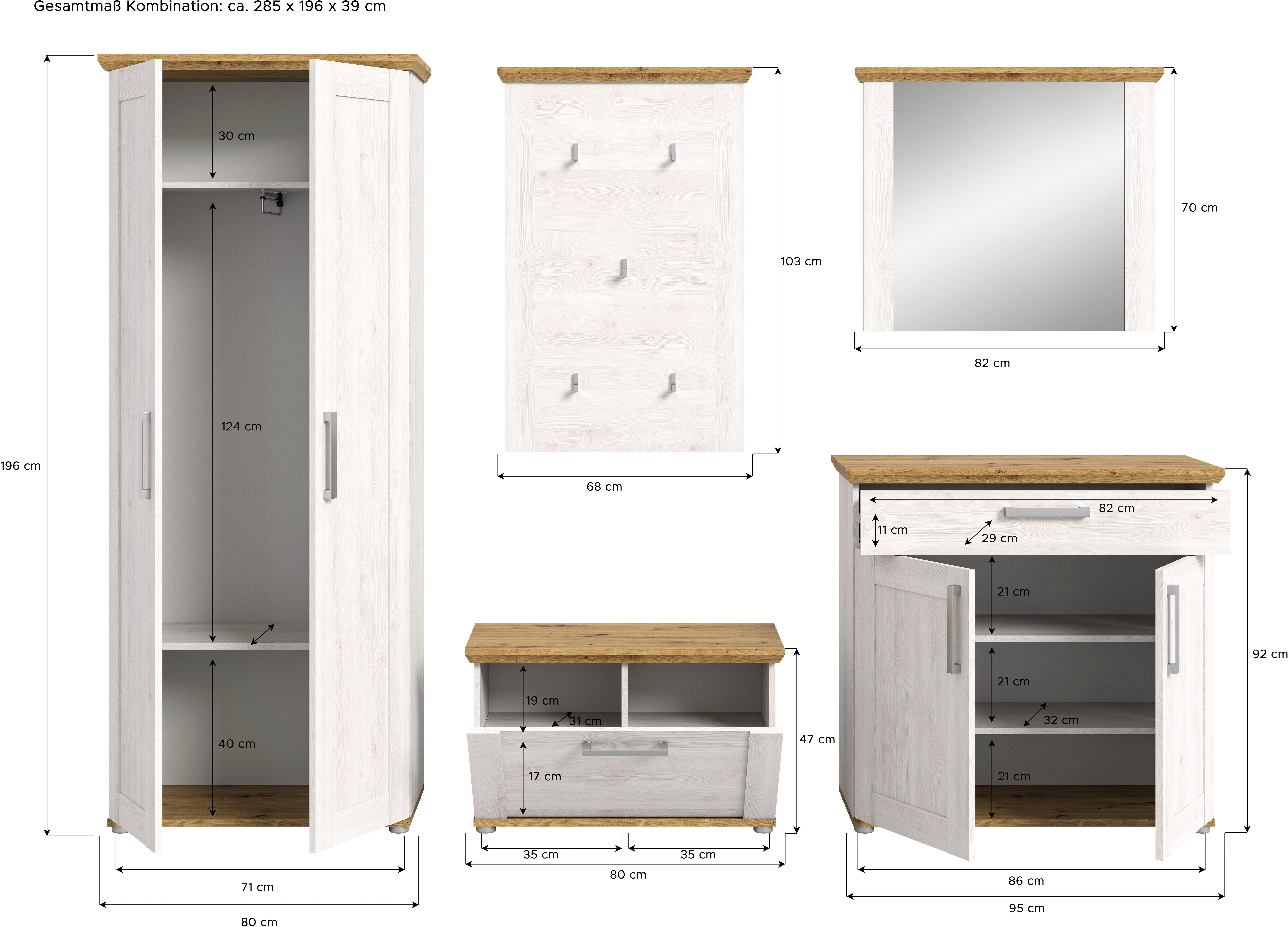 Home affaire Halmeubelset Cosenza, Breedte ca. 285 cm, 2-kleurig, 5-delig, bestaande uit: Garderobekast, schoenenbank, garderobepaneel, schoenenkast, spiegel (5 stuks)