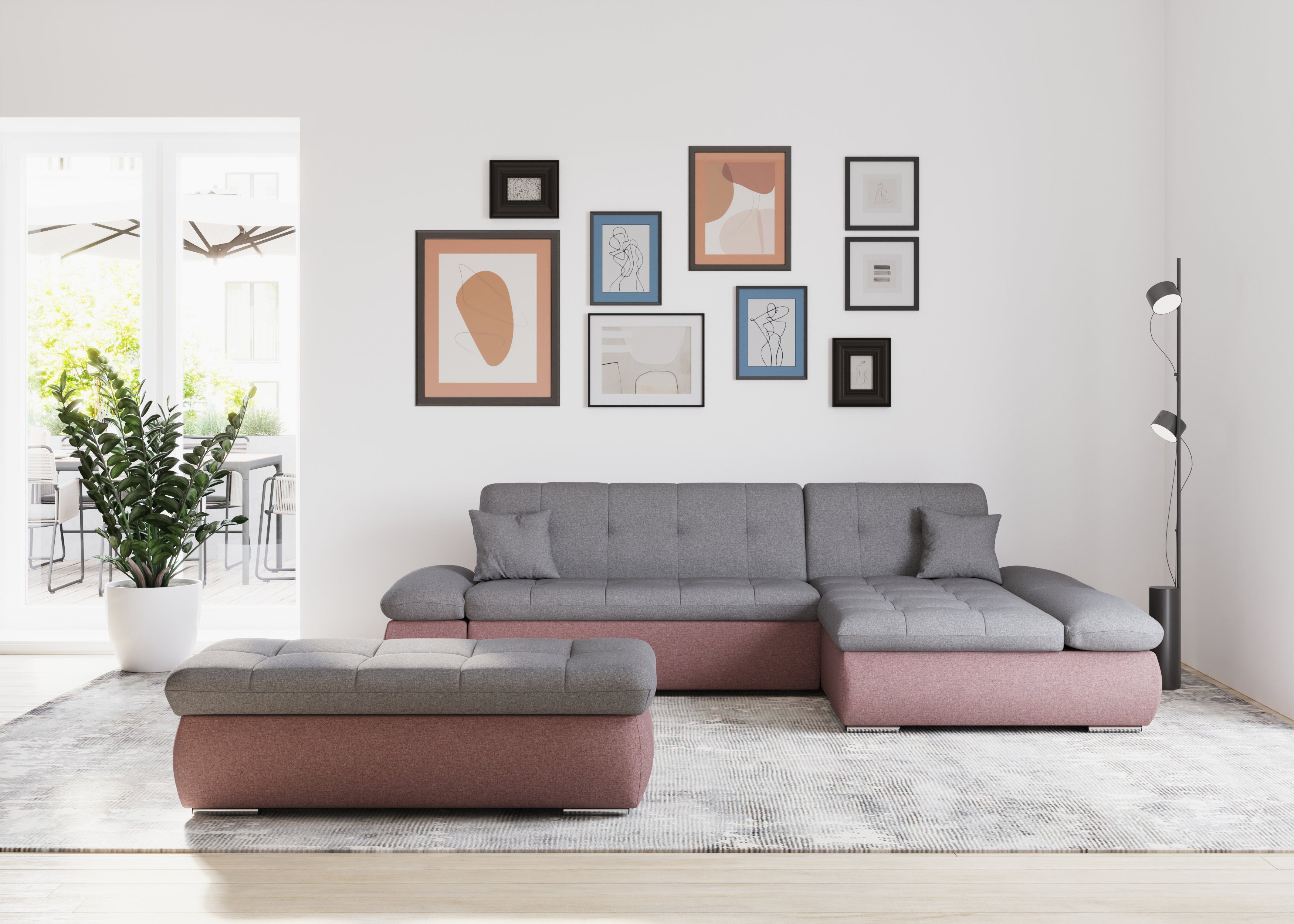 DOMO collection Hoekbank Moric, L-vorm, XXL-bank - Breedte 300cm keuze met bedfunctie en armleuningverstelling, donkergroen