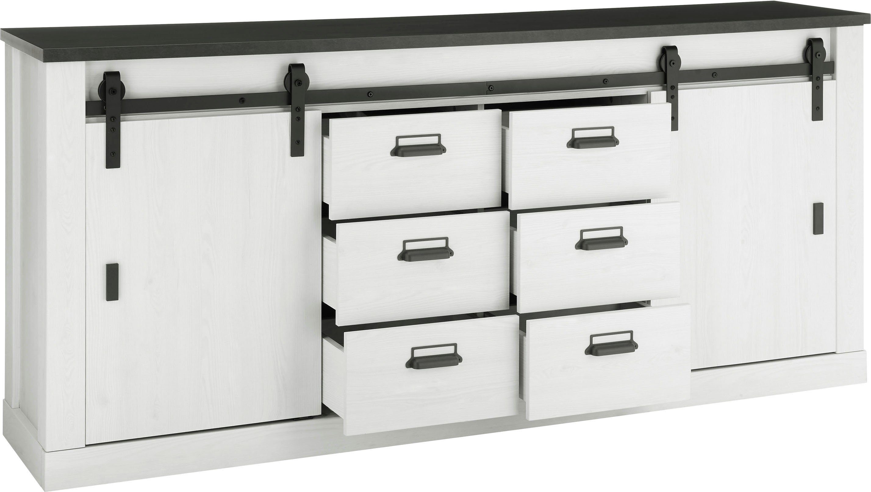 Home affaire Dressoir Sherwood modern houtdecor, met schuurdeurbeslag van metaal, breedte 201 cm