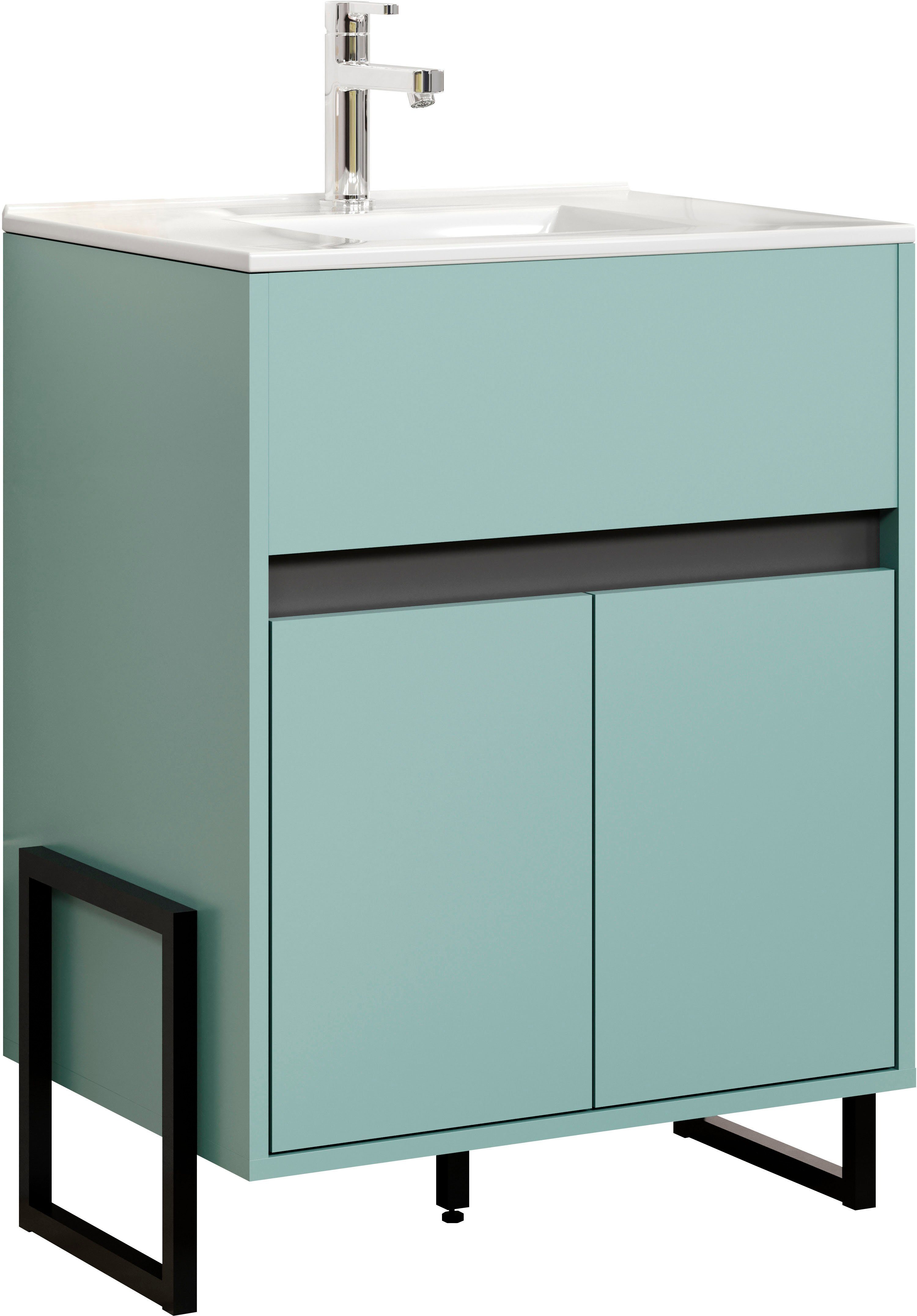 welltime Wastafelonderkast Malcesine Wastafel met metalen frame in turquoise - Met 60 cm witte wastafel