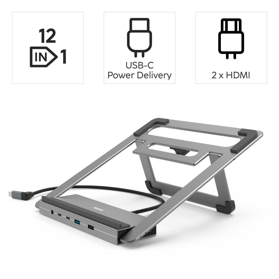 Hama Laptop-dockingstation USB-C dockingstation, stand notebook houder 12 poorten voor laptop 4x usb-a, 3x usb-c, 2x hdmi, 1x displayport, 1x lan, 1x 3,5mm audio aux