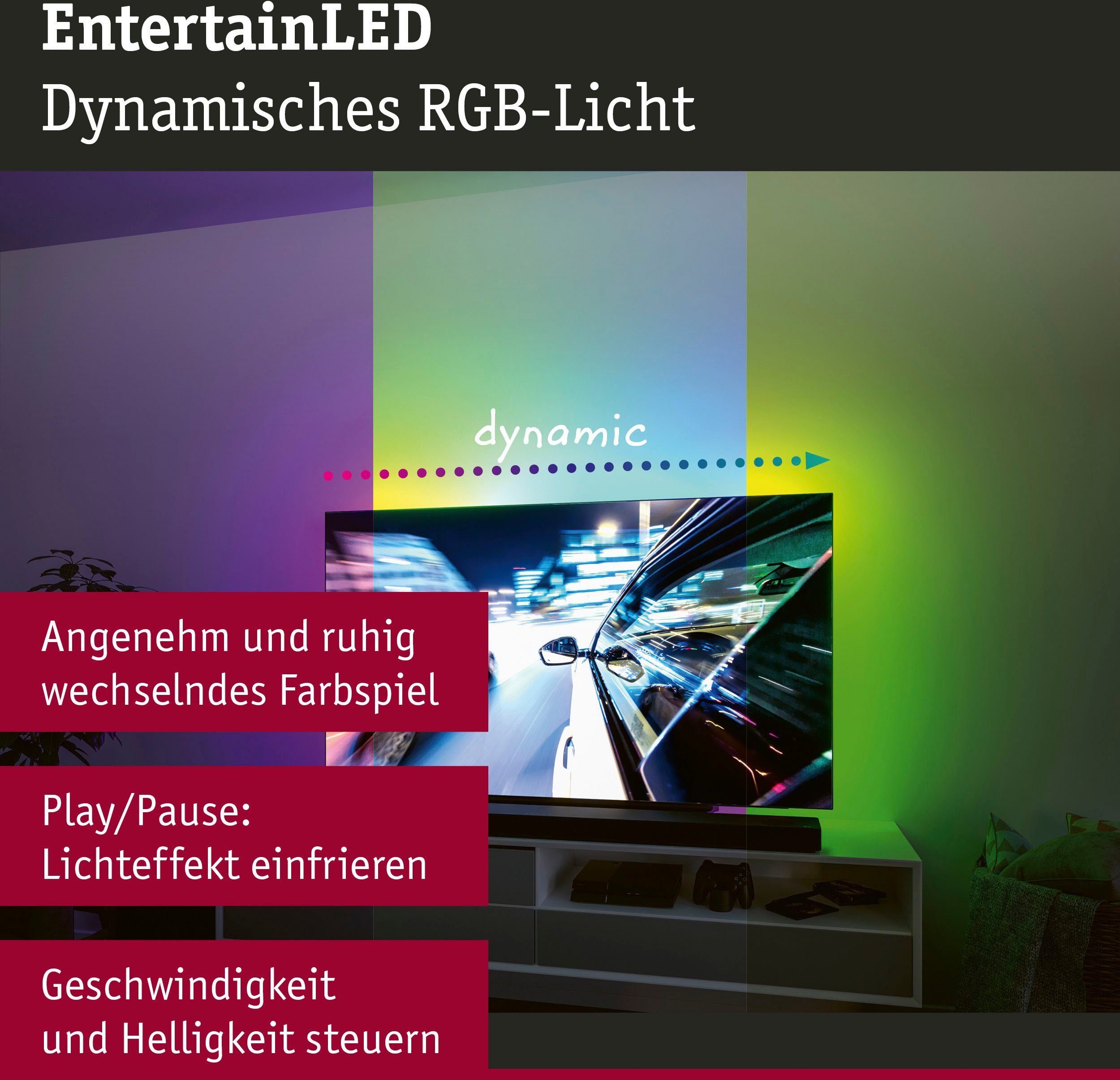 Paulmann Led-strepen USB LED Strip TV-Verlichting 65 Inch 2,4m Dynamic Rainbow RGB 4W (1 stuk)