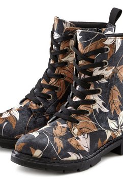 lascana laarsjes met vetersluiting, boots in luxueus fluweel-look met modieuze bloemenprint zwart