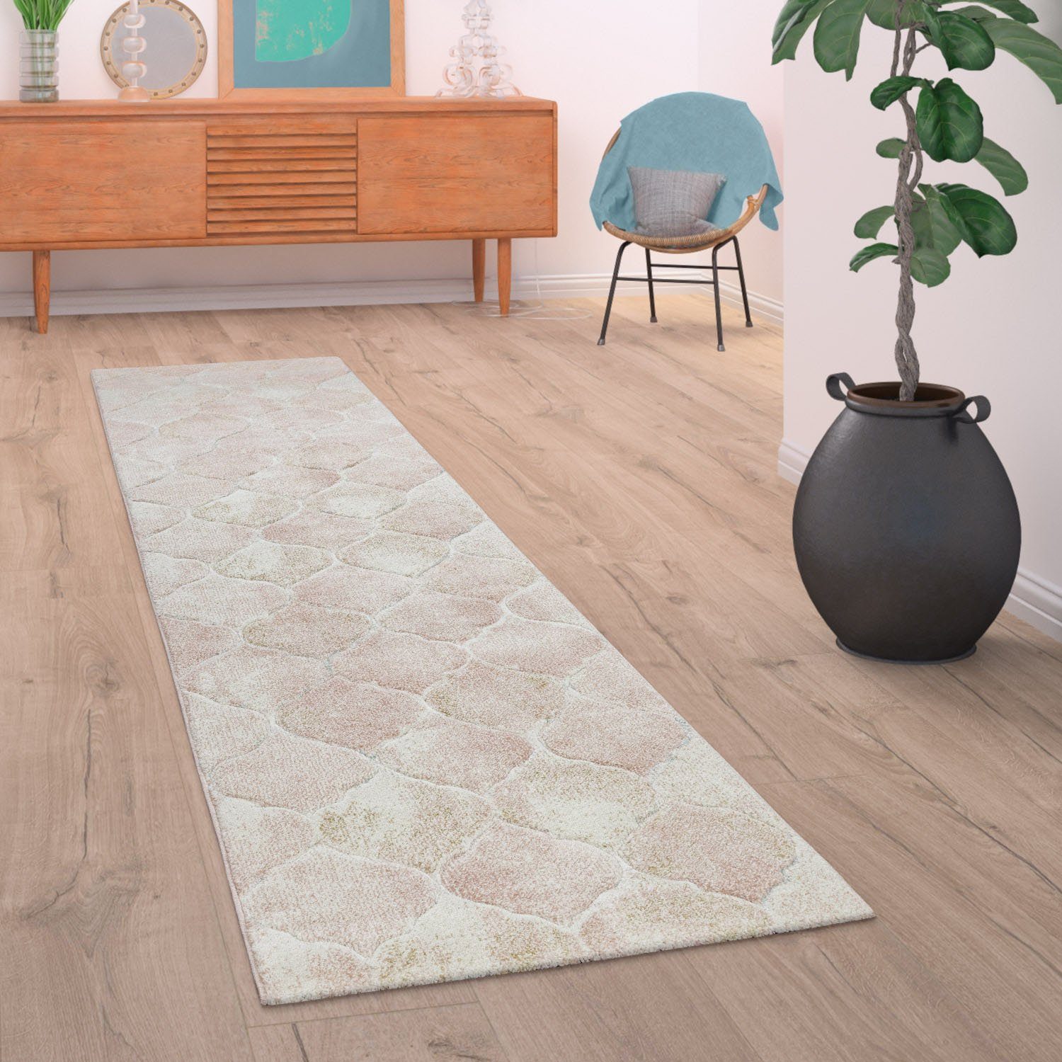 Paco Home Loper Lara 241 Korte pool, pastelkleuren, met de hand gesneden reliëfpatroon