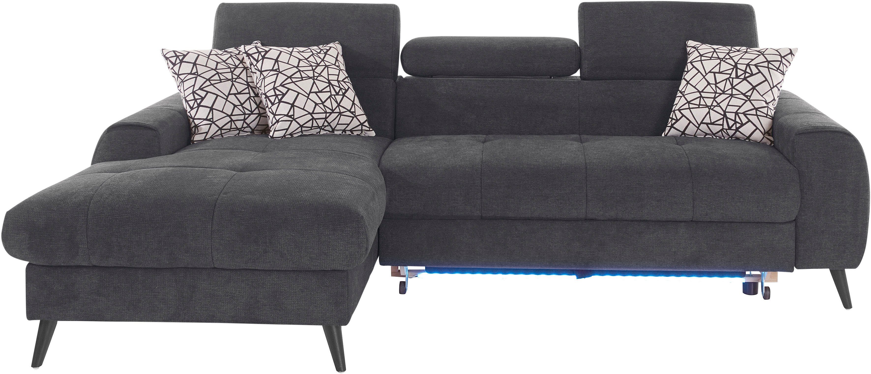 COTTA Hoekbank Mia L-vorm met 3 sierkussens keuze met bedfunctie, bedlade, verlichting & draadloze oplader