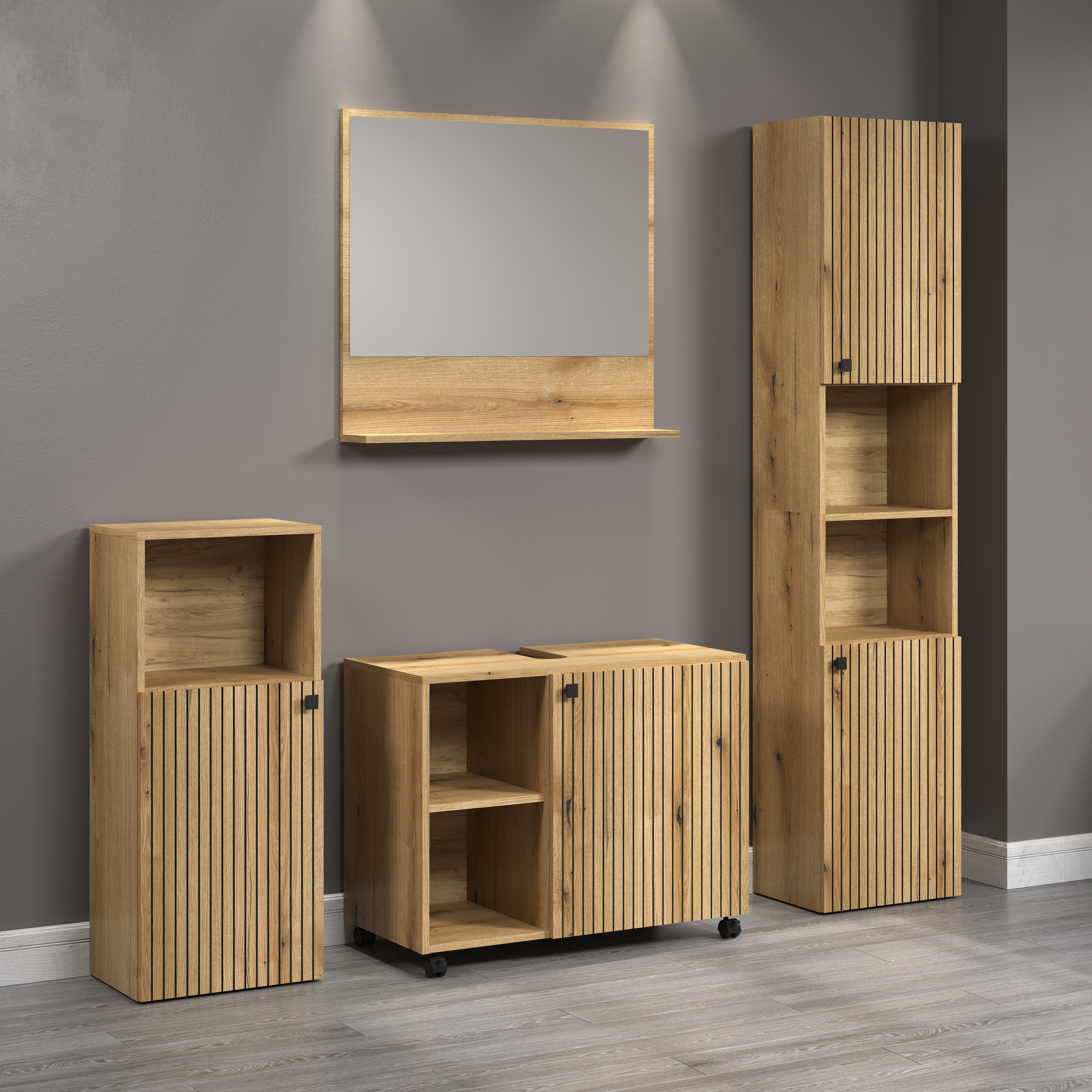 welltime Badmeubelset Amrum wastafelonderkast spiegel hoge kast badkamerkast Badkamermeubels met groeflook - Wasbakonderkast op wielen (complete set, 4 stuks)