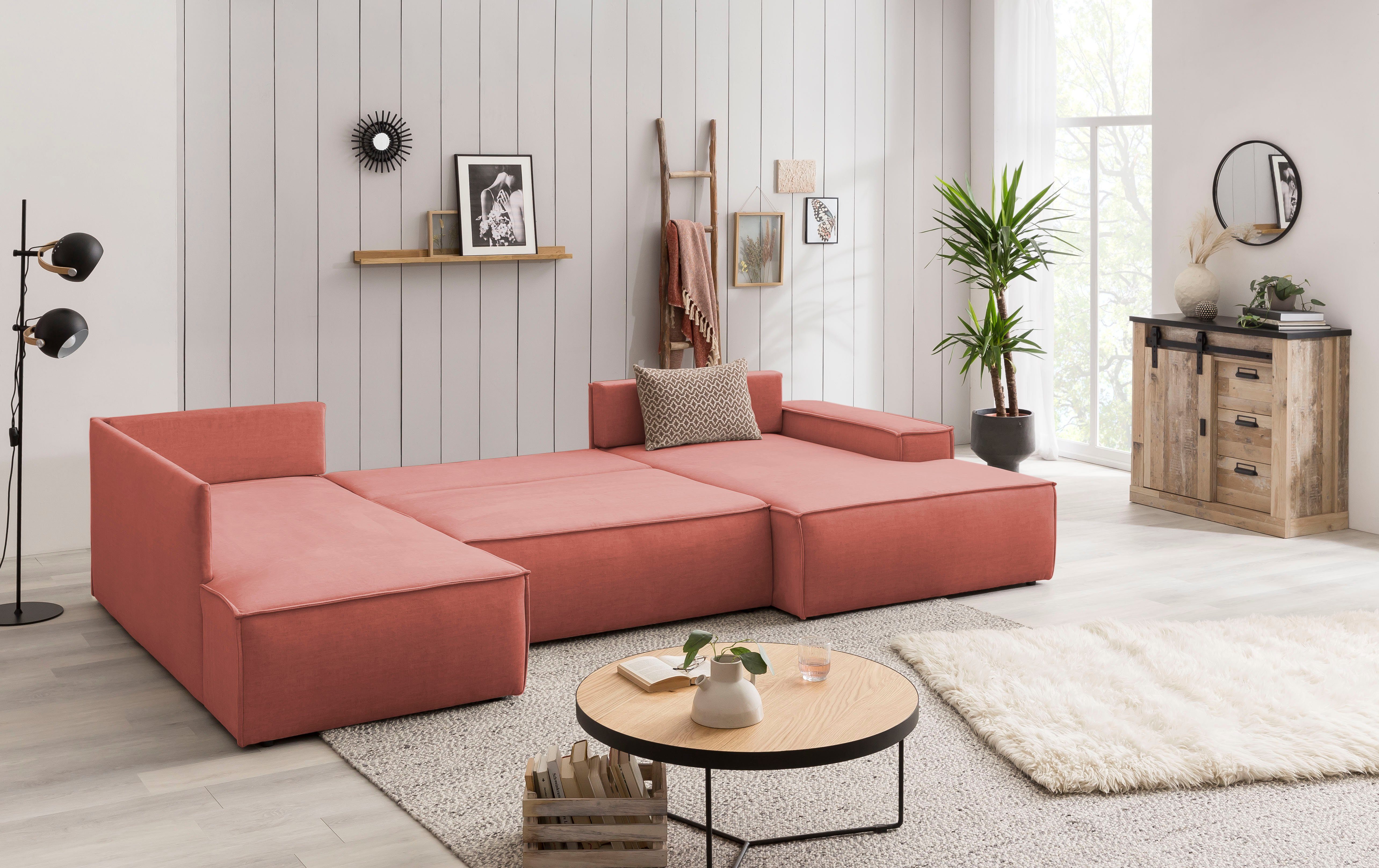 Home affaire Zithoek SHERWOOD 329 cm, U-vorm, slaapbank, Slaapfunctie met bedkist (194x139 cm), cord, vintage, fluweel