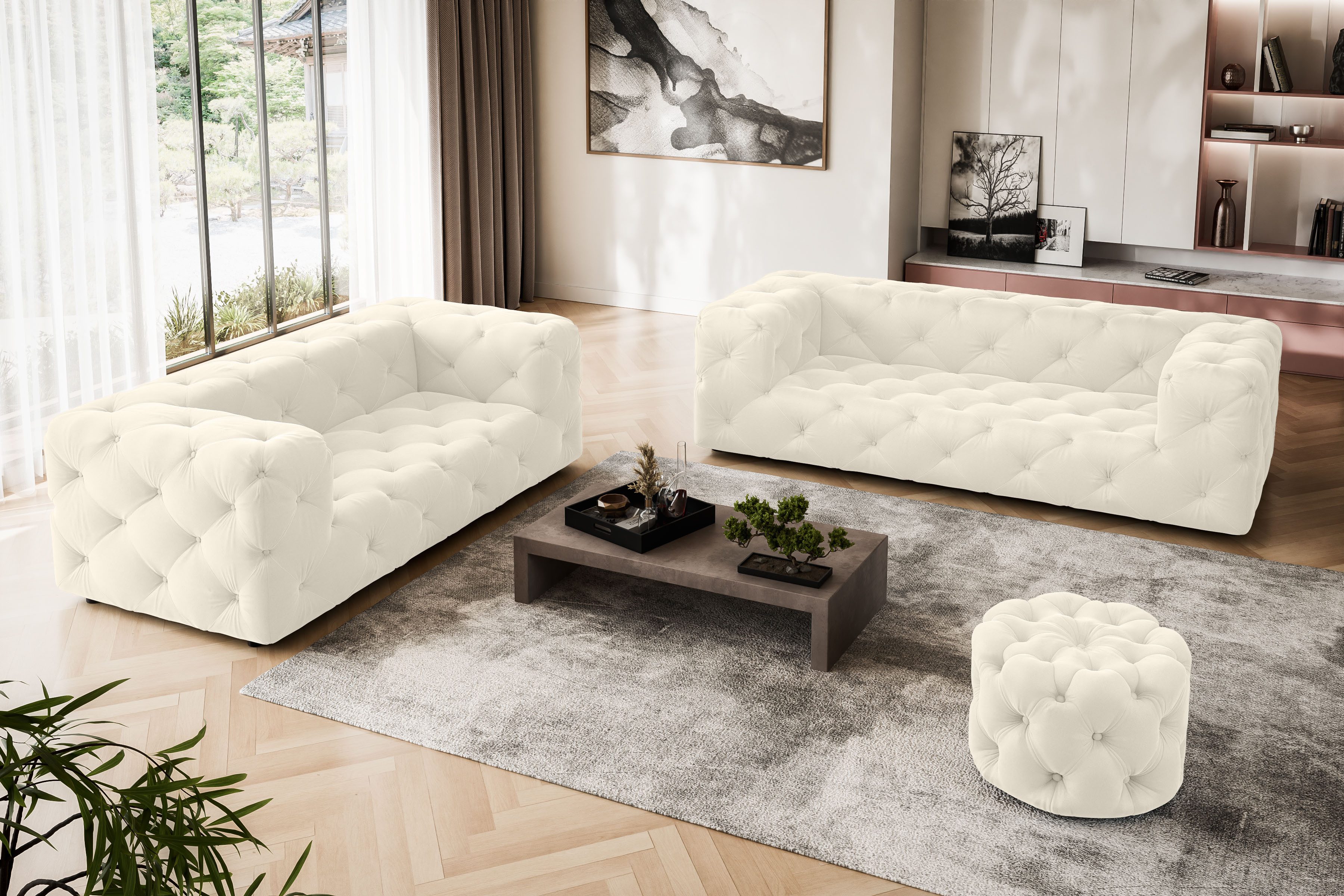 Places of Style 3-zitsbank FOLLINA 3-zits bank met klassieke chesterfield knoopverwerking beige, 3-zitsbanken