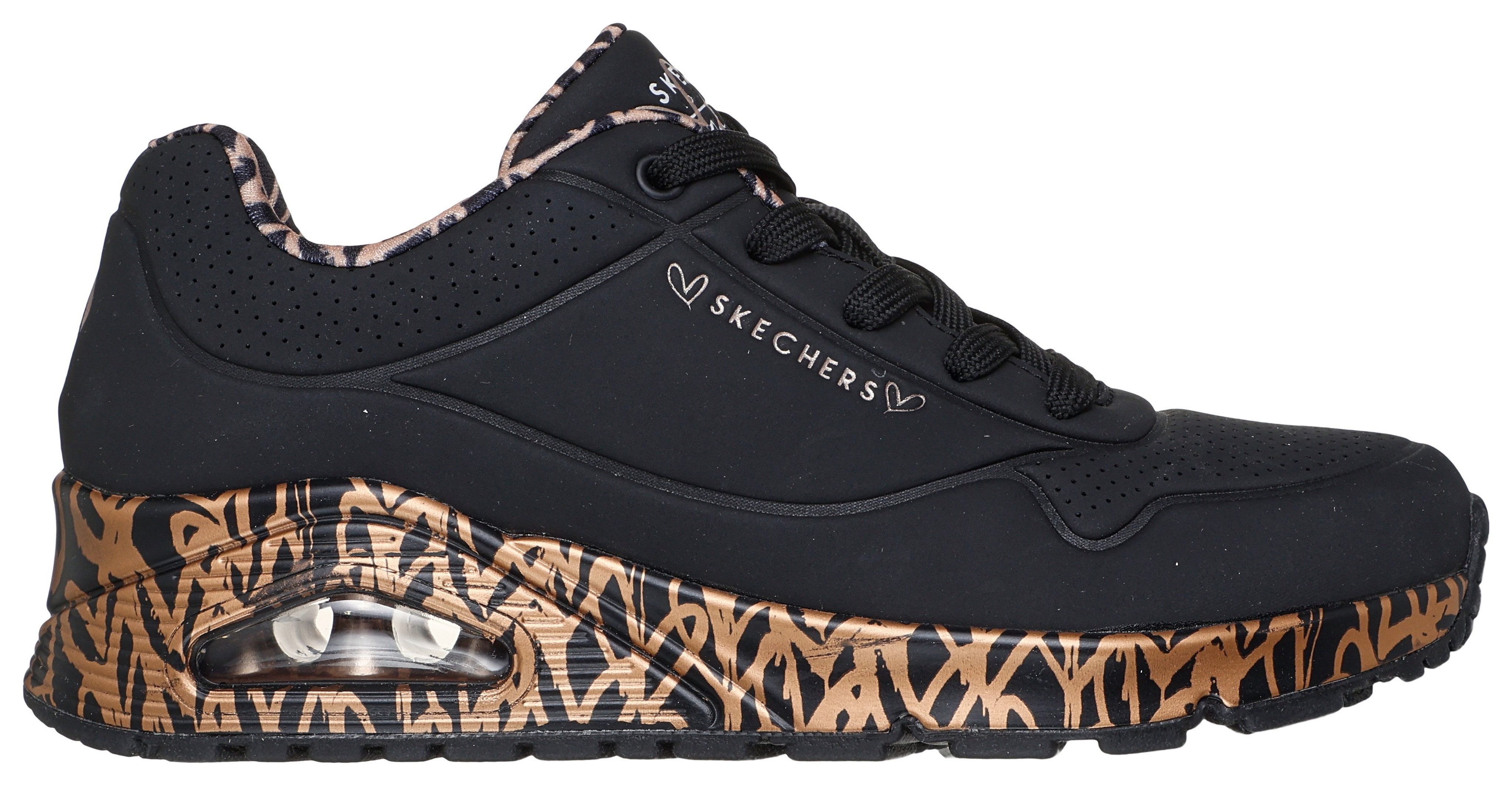 Skechers Sneakers met sleehak UNO-LOVING LOVE Vrijetijdsschoen, lage schoen, veterschoen met coole graffiti-print