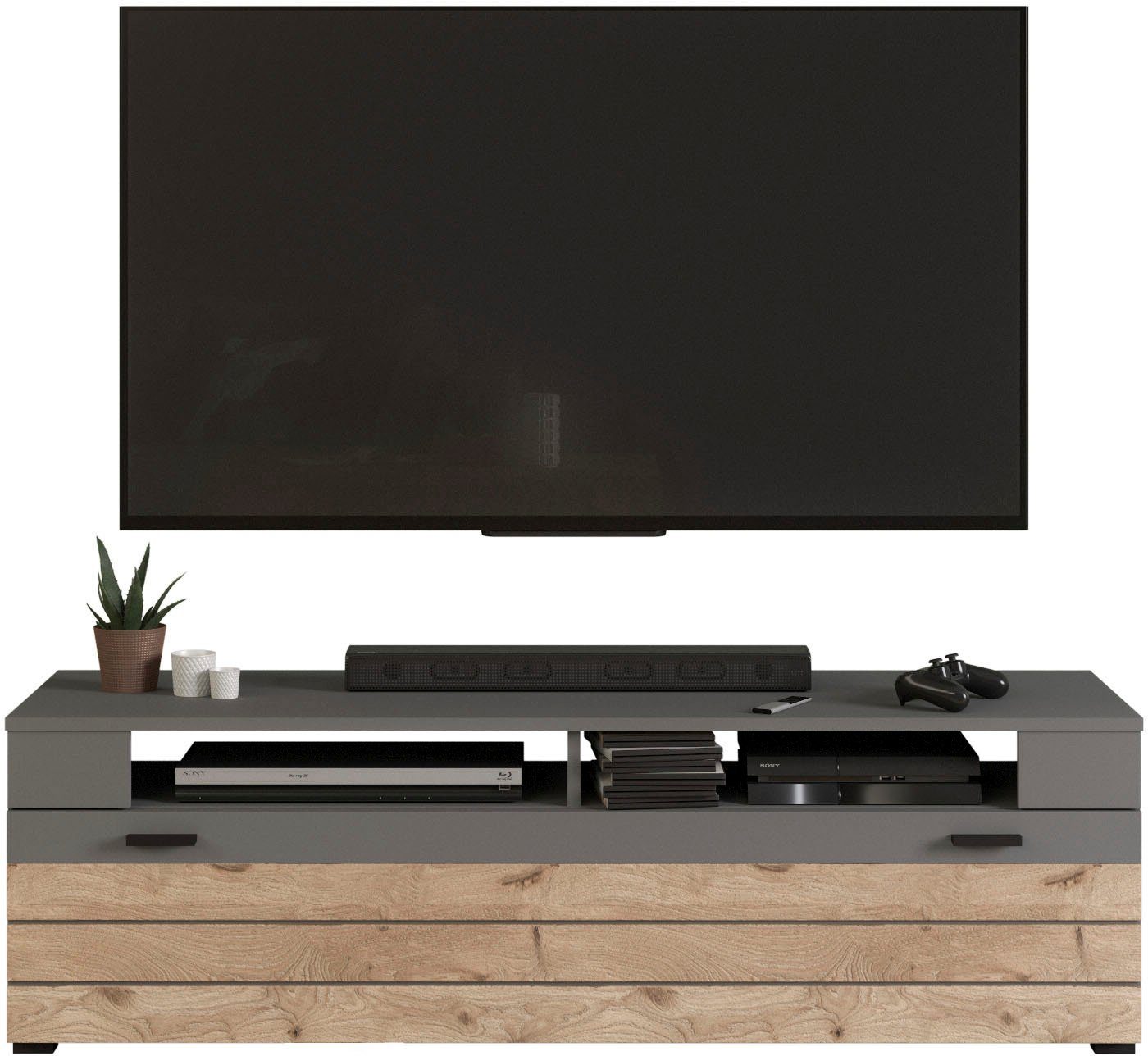 INOSIGN Tv-meubel Aalborg, breedte 140 cm, 1 klep, 2 open vakken, metalen handgrepen