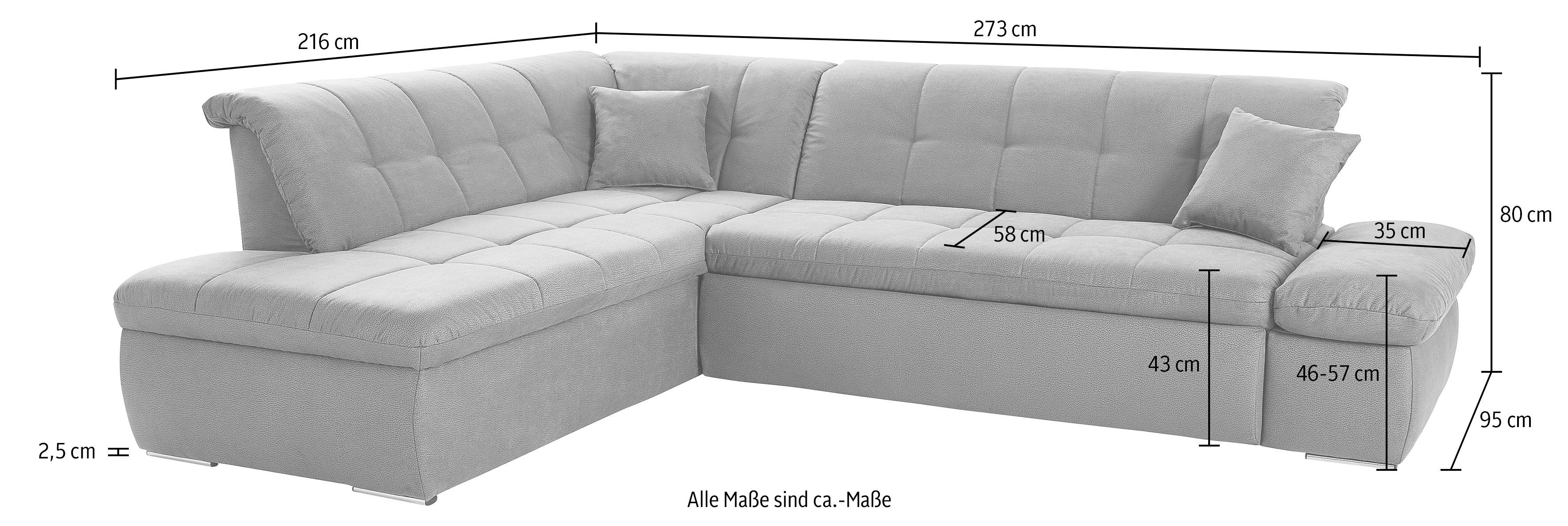 DOMO collection Hoekbank Moric Luxus incl. sierkussen BxDxH: 273x216x80 cm XXL, L-vorm, tot 140kg per zitplaats belastbaar, ottomaanse afsluiting