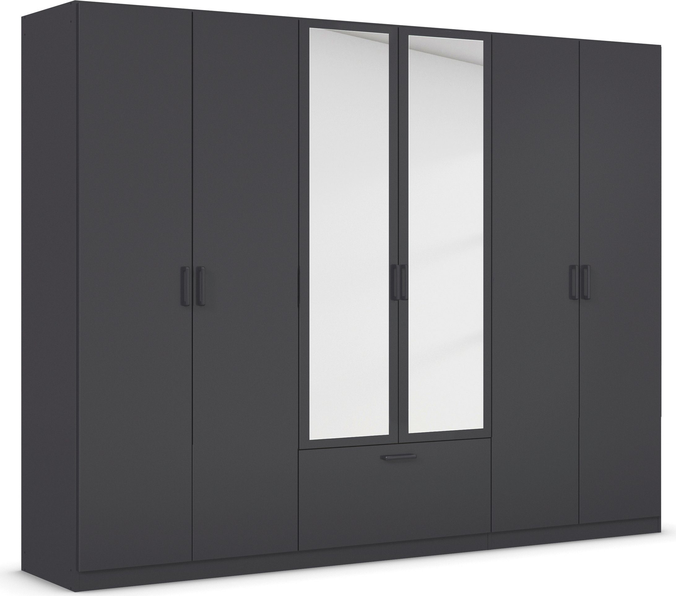 rauch Draaideurkast Kledingkast kast garderobe waskast BARI met spiegel met lades in het midden, moderne greep in grijs metallic made in germany