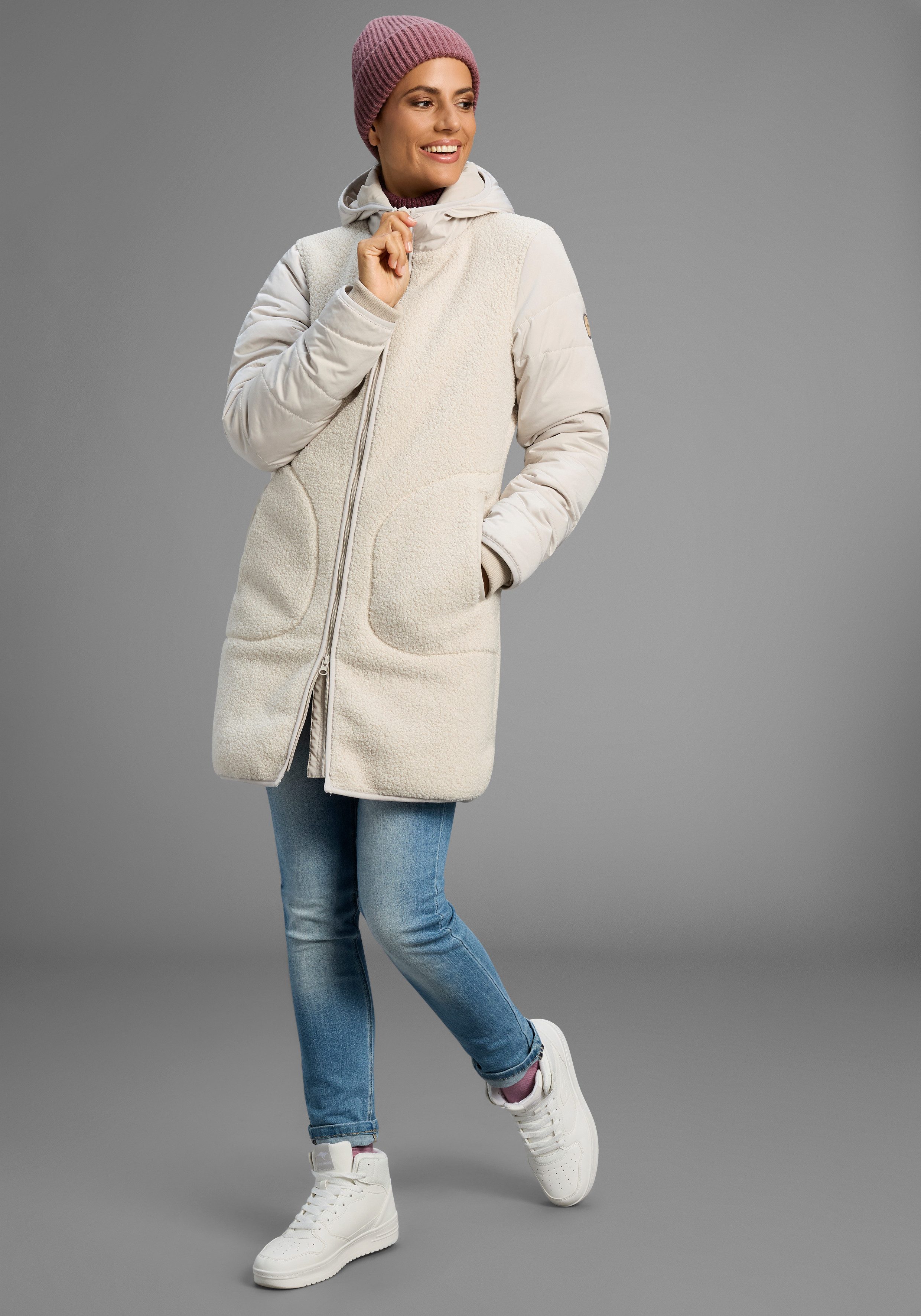 KangaROOS Hybride jas Tussenjas van teddy-fleece met gewatteerde mouwen en capuchon