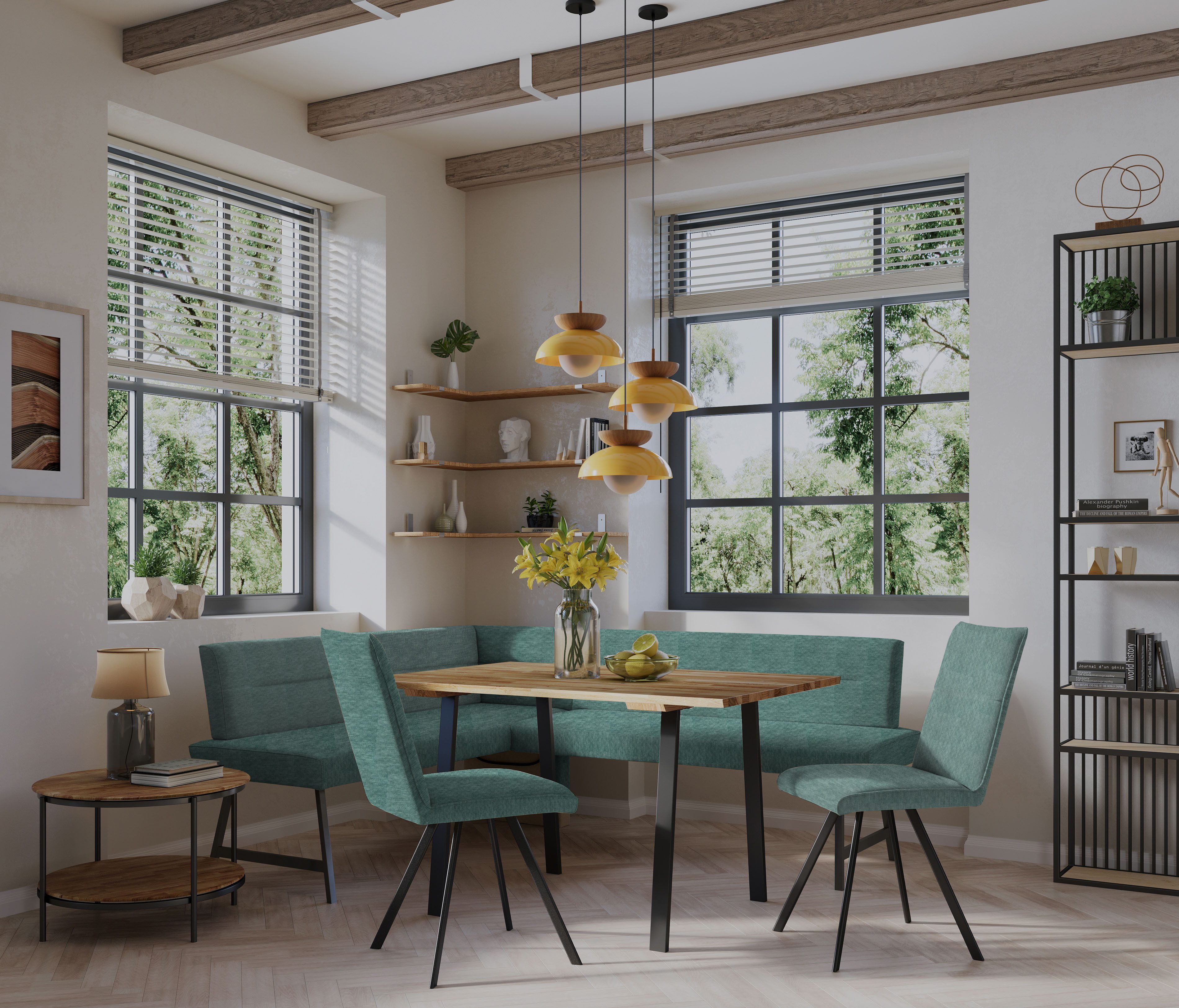 Home affaire Eethoek Sava Hoekbank met nosagvering in de zitting, massief eiken tafel (set, 4-delig)