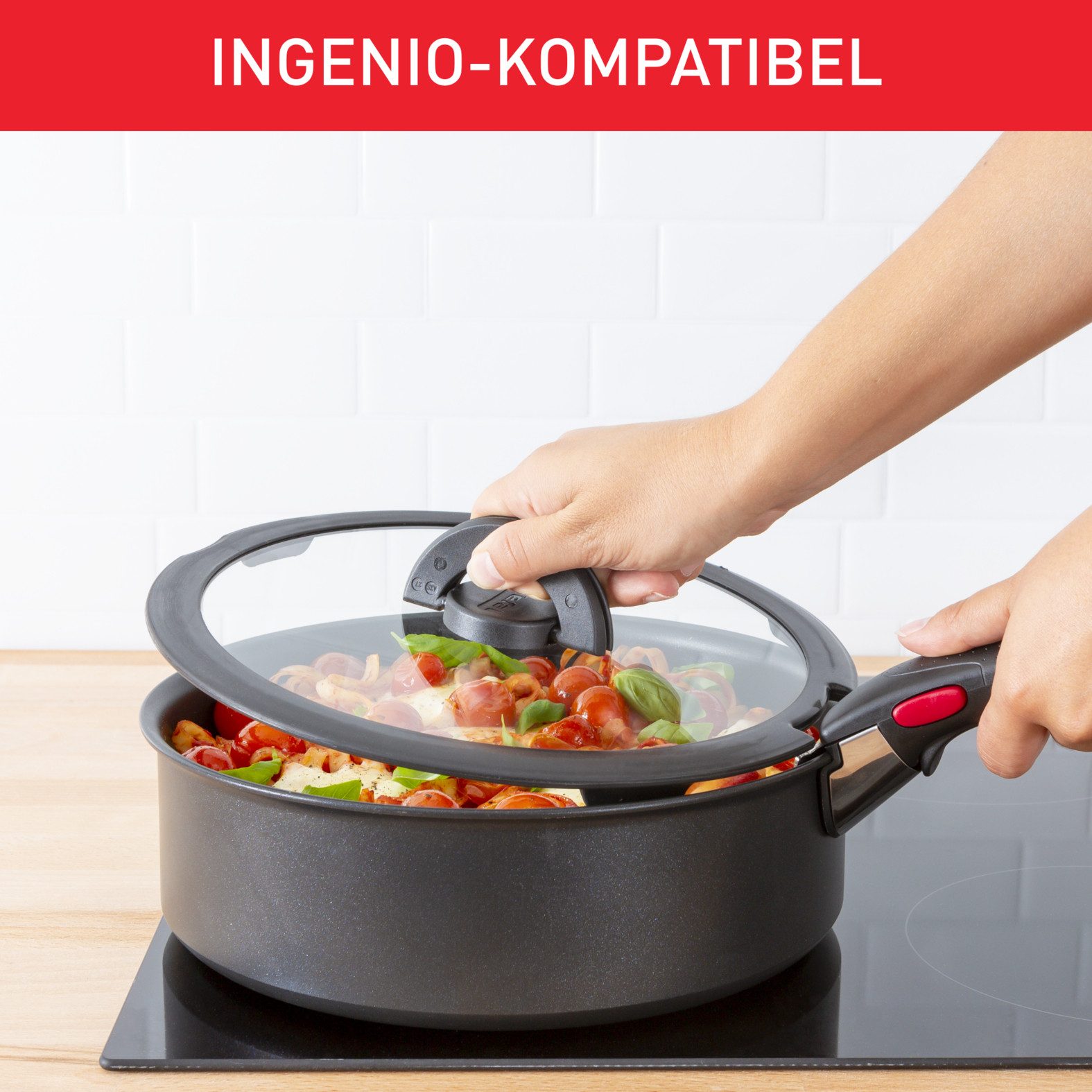 Tefal Deksel 98491 Ingenio 16/18/20 cm uitstekend voor ingenio-pannen, glazen deksel met siliconenrand, klapgrepen (set, 3-delig)