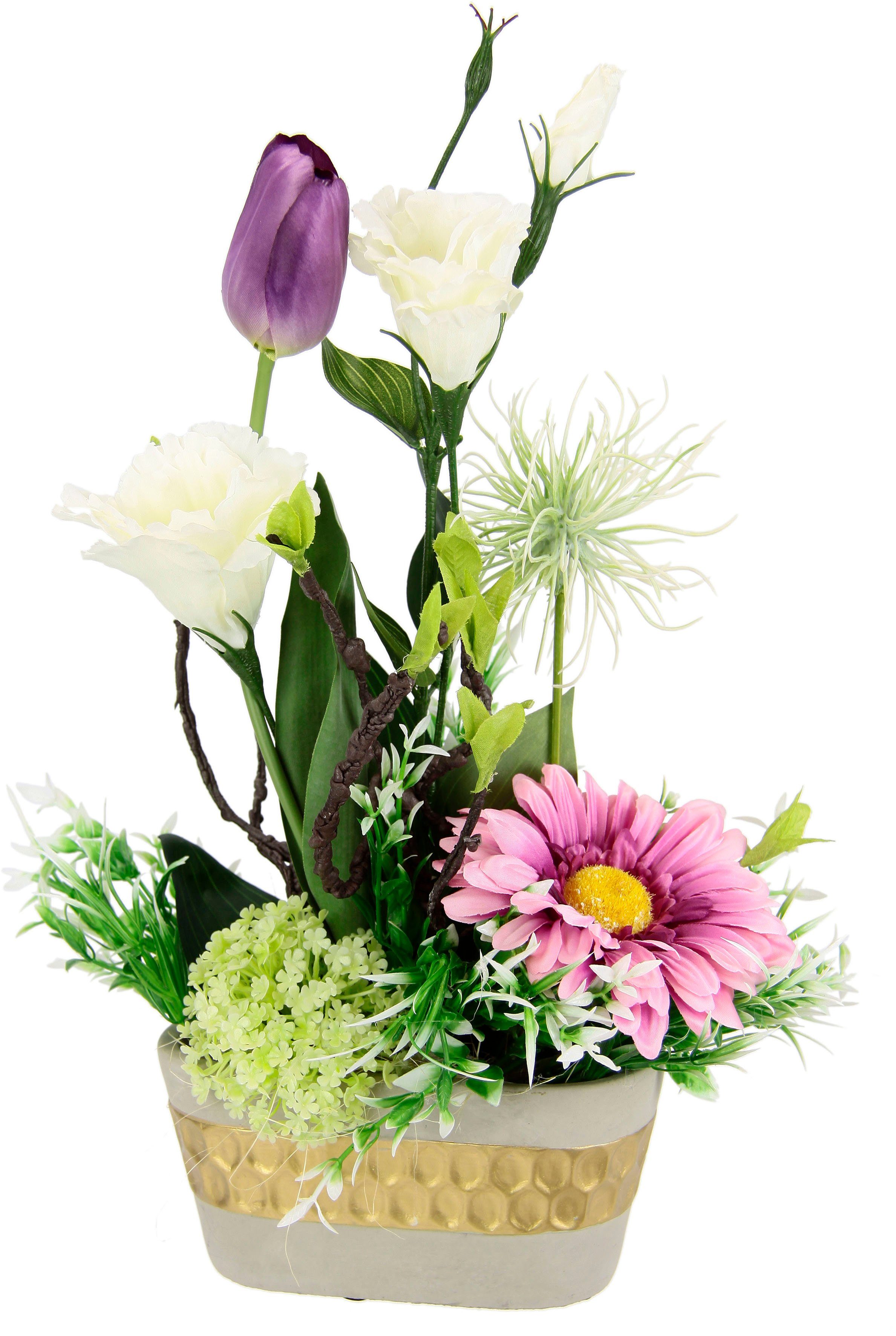 I.GE.A. Kunstbloem Arrangement ranonkel/Lysianthus Plantenschaal van schors met mos (1 stuk) kunstbloemen paars