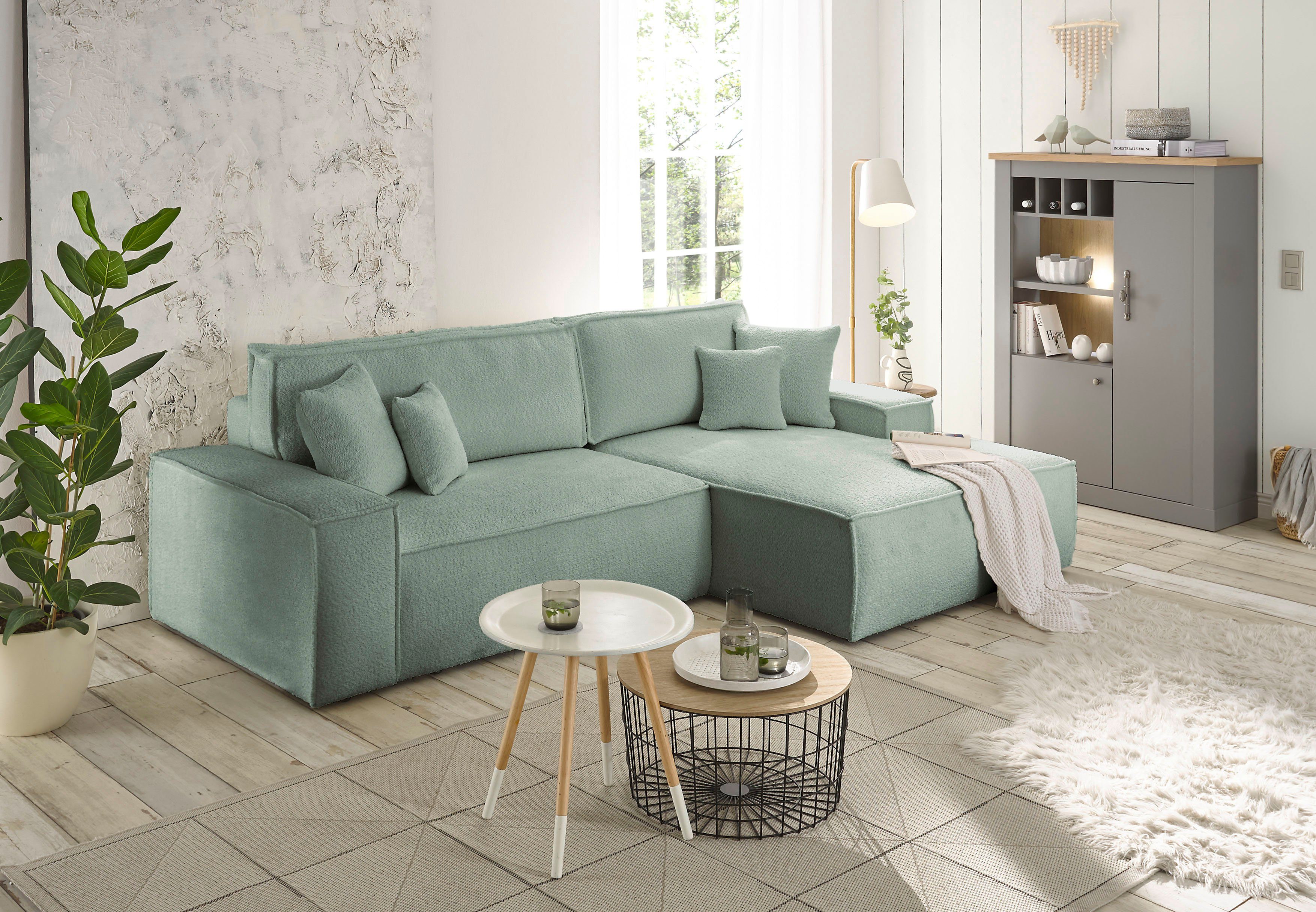 andas Hoekbank Finnley slaapbank 267 cm in Bouclé, fijne structuur en cord, L-vorm