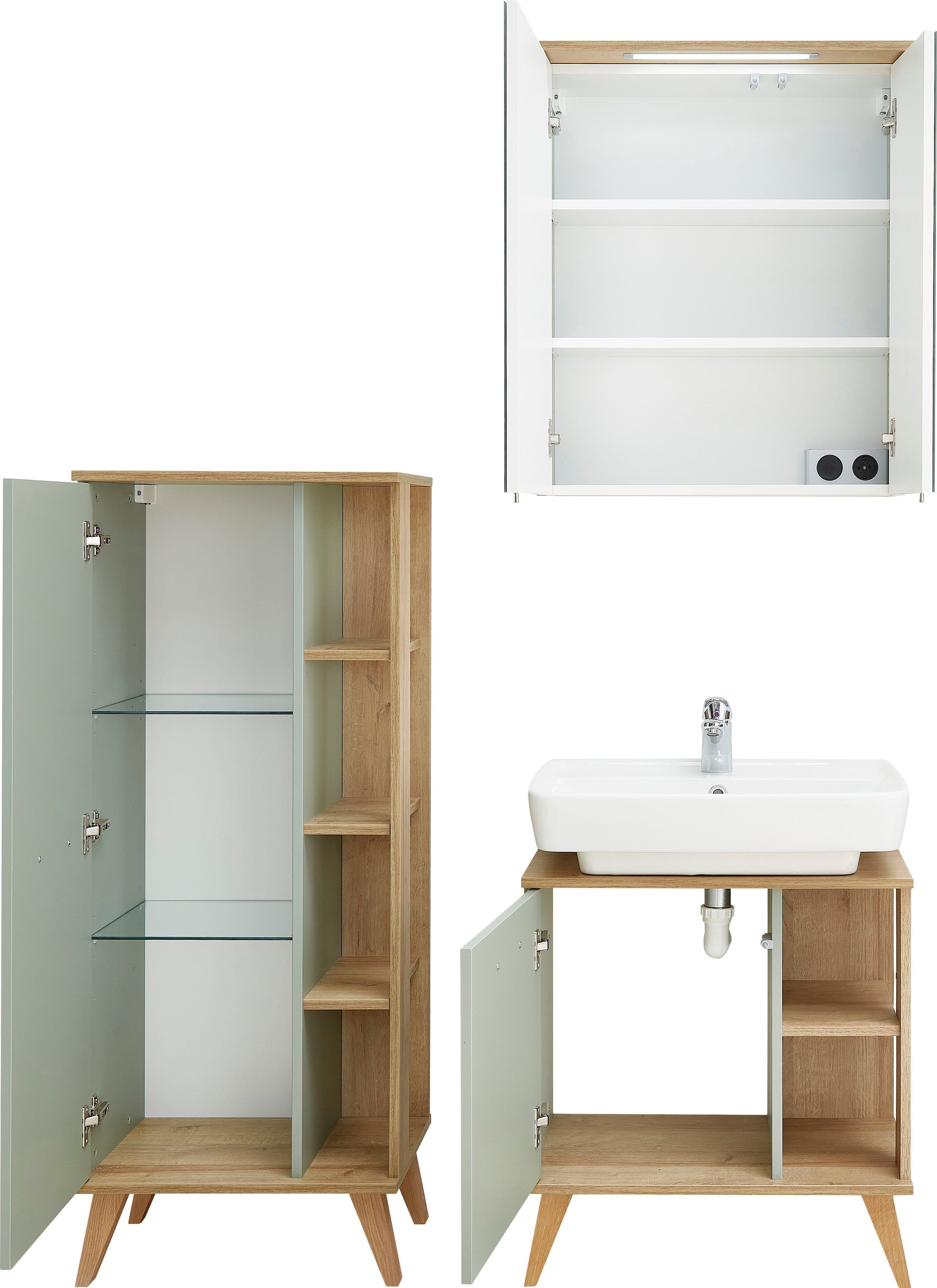 Saphir Badkamerserie Quickset 3-delig, wastafelonderkast met led-spiegelkast Halfhoge kast, incl. deurdemper, 4 deuren, 5 planken, badkamer set (3-delig)