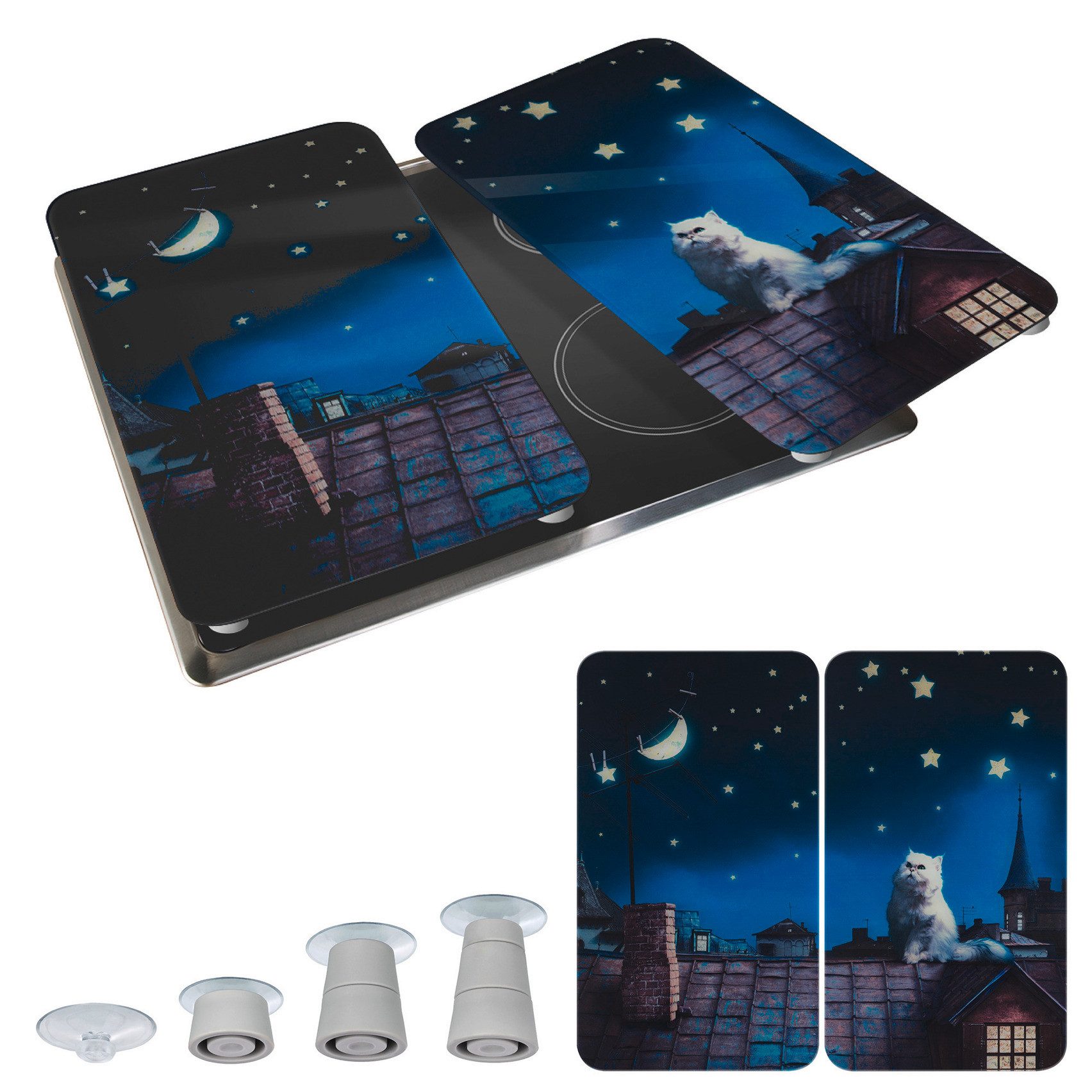 WENKO Kookplaatdeksel Universeel Model Maan Kat Kookplaatafdekking voor alle soorten kookplaten, krasvast, met antislipvoetjes (set, 2-delig)