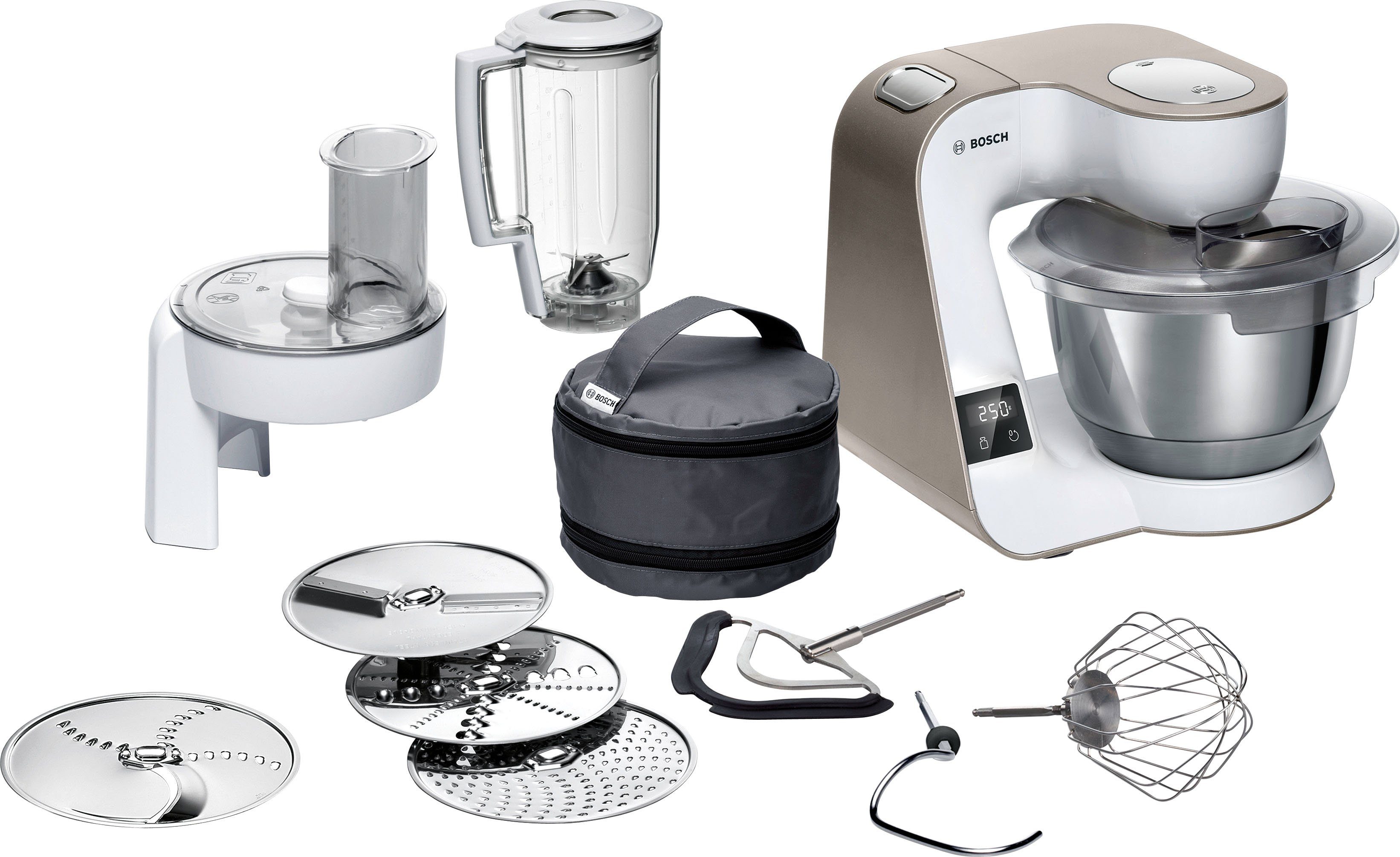 BOSCH Keukenmachine Serie 4 MUM5XW20, geïntegreerde weegschaal, continu rasp- en snijapparaat, wit/champagne