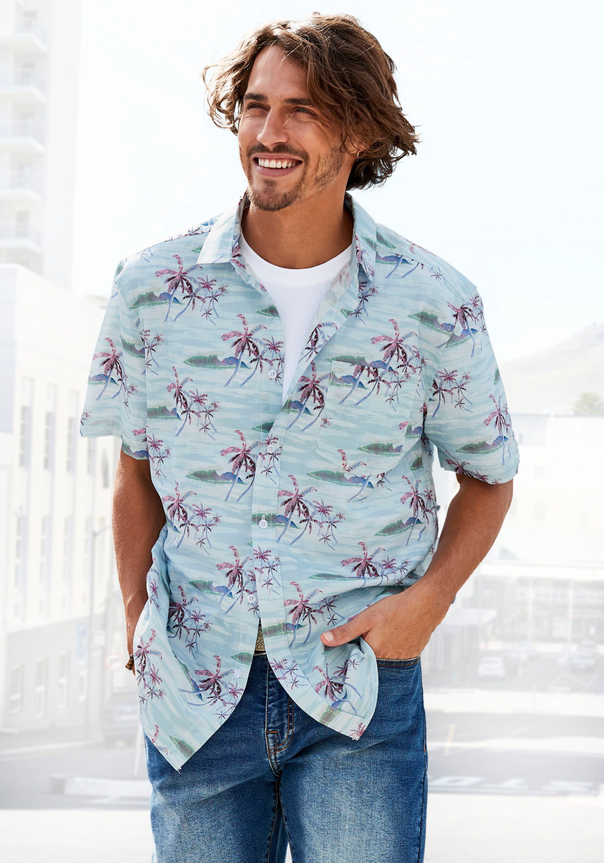 Beachtime Hawaï-overhemd Regular fit korte mouw, vrijetijdshemd met palmprint, puur katoen