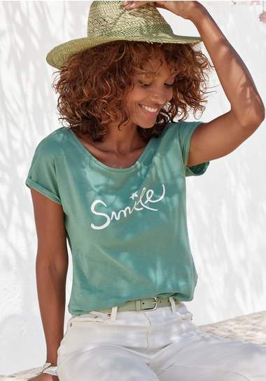 beachtime t-shirt met modieuze frontprint 'smile' groen