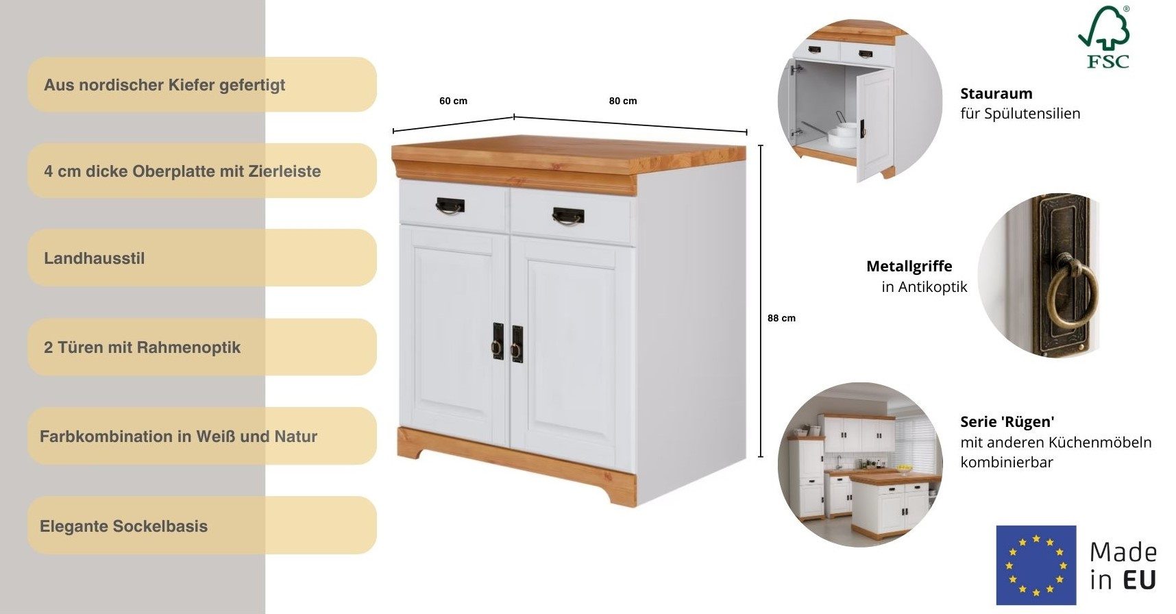 Home affaire Gootsteenkast Rügen Breedte 80 cm, massief grenen, met 2 deuren