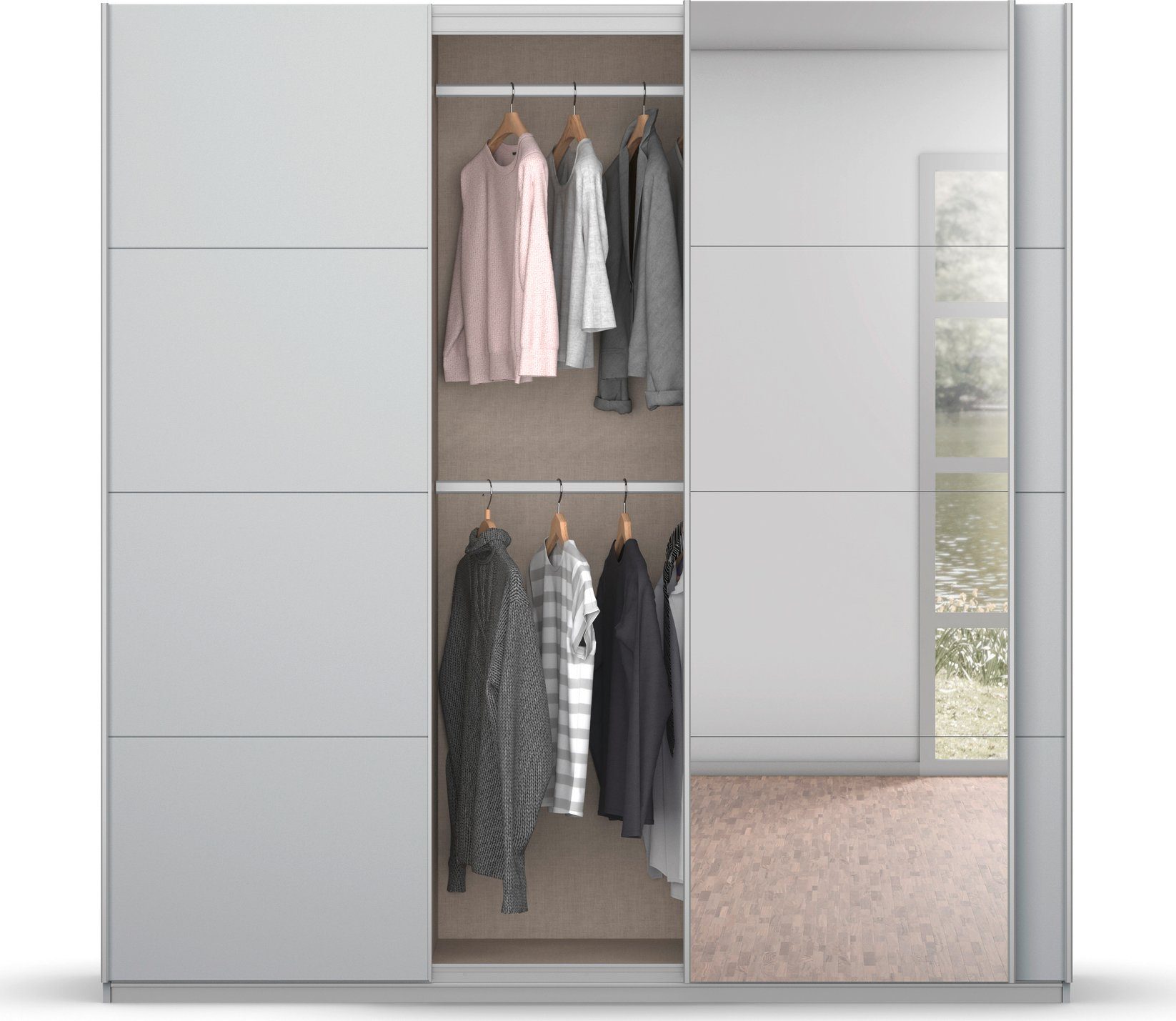 rauch Zweefdeurkast Kledingkast kast garderobe BESTSELLER KOLUNA met spiegel inclusief 2 binnenladen en extra legplanken made in germany