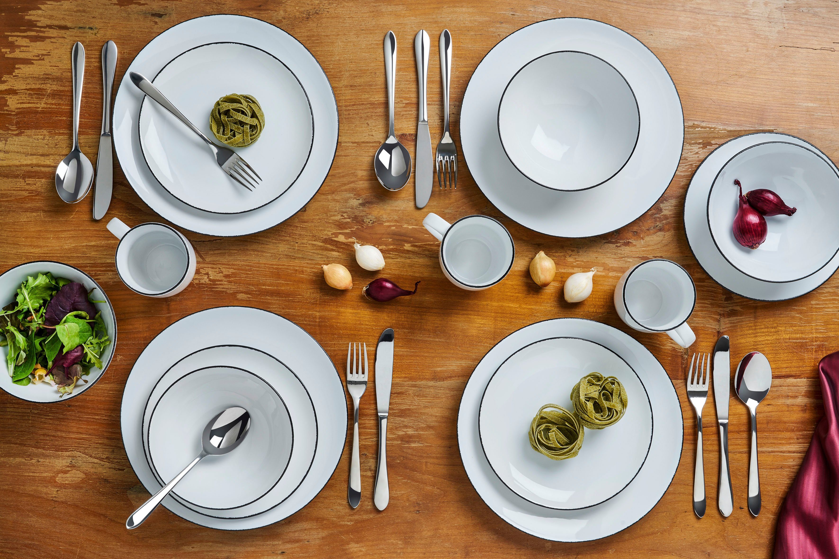 van Well Combi-servies Serviesset, servies Black Star Rand met trendy zwarte lijn, 24 delen, voor 6 personen (set, 24-delig)