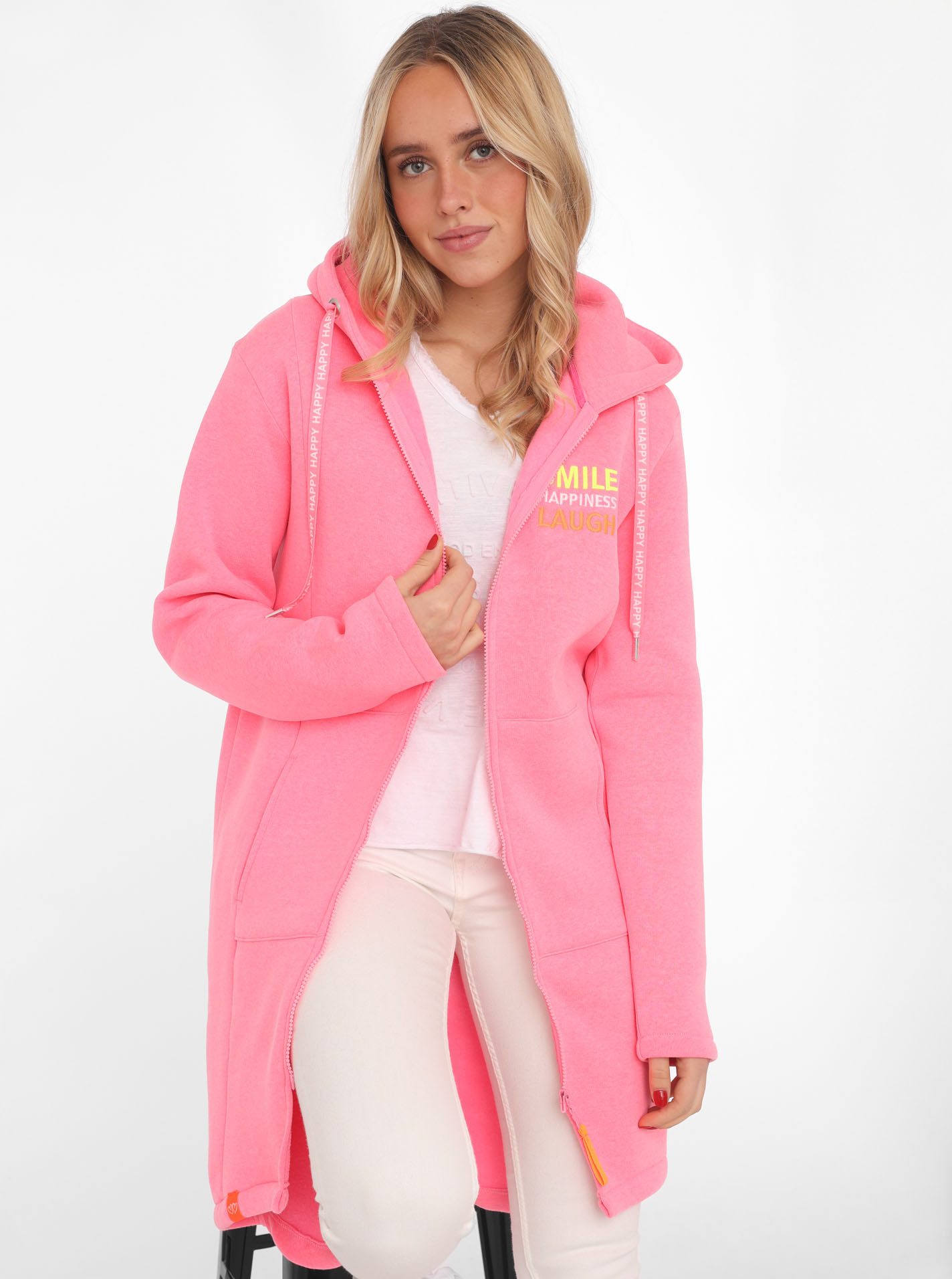 Zwillingsherz Jersey jas "Smile Happiness Laugh" met positieve boodschap, geborduurd motief achter en voor