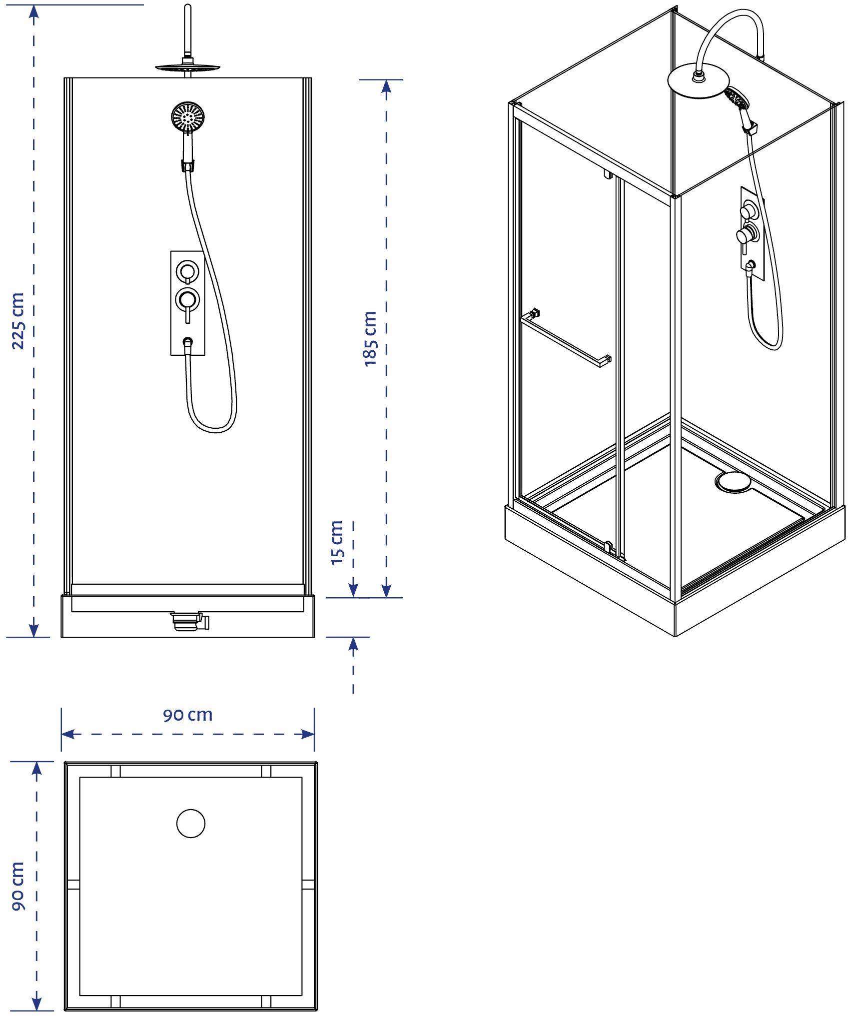 Marwell Complete douche Square inclusief kranen, 90 cm x 90 cm