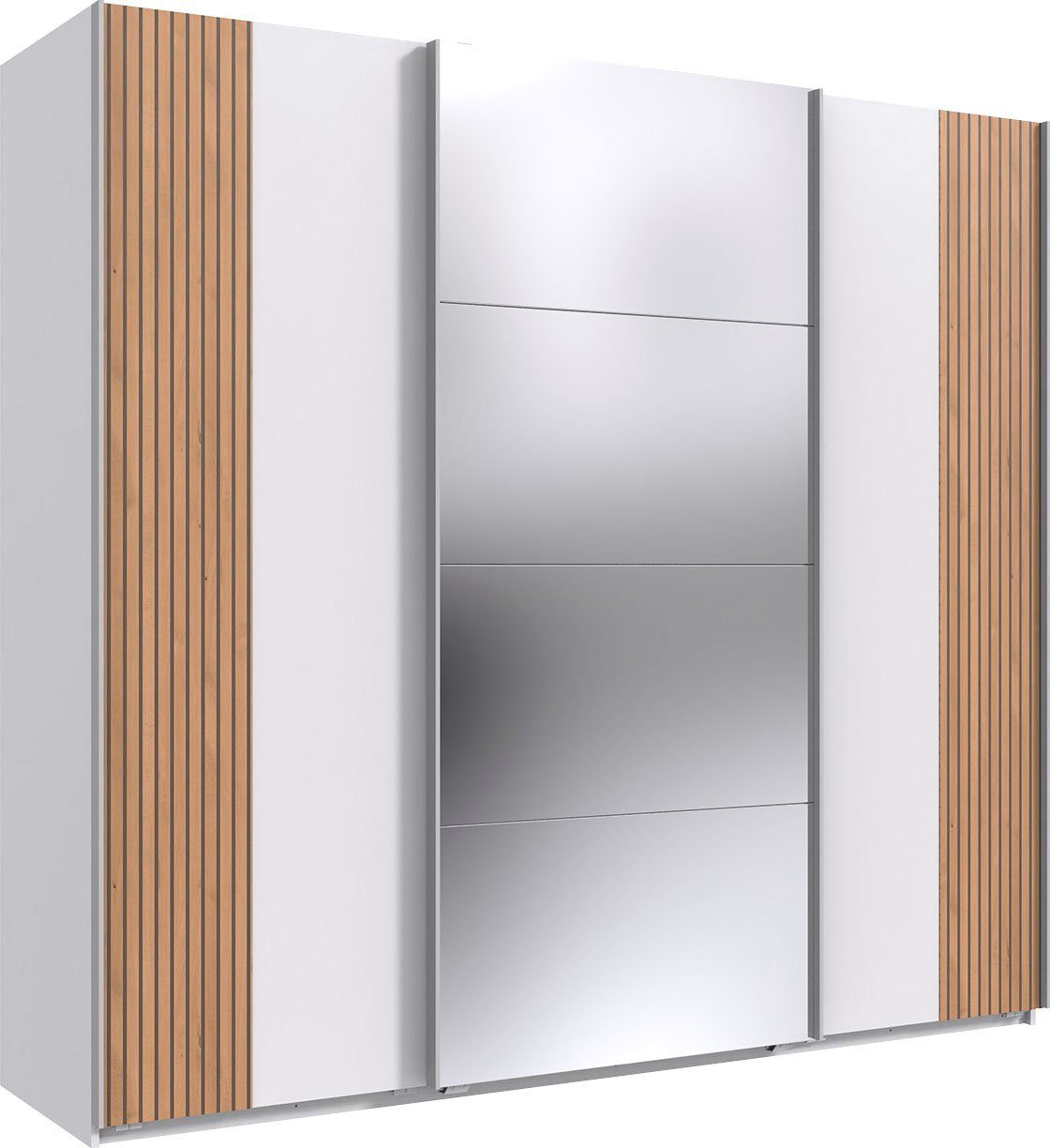 Wimex Zweefdeurkast Malaga 3-deurs kledingkast met akoestische panelen look en spiegel zweefdeurkasten maat 225 cm x 208 cm x 65 cm wit