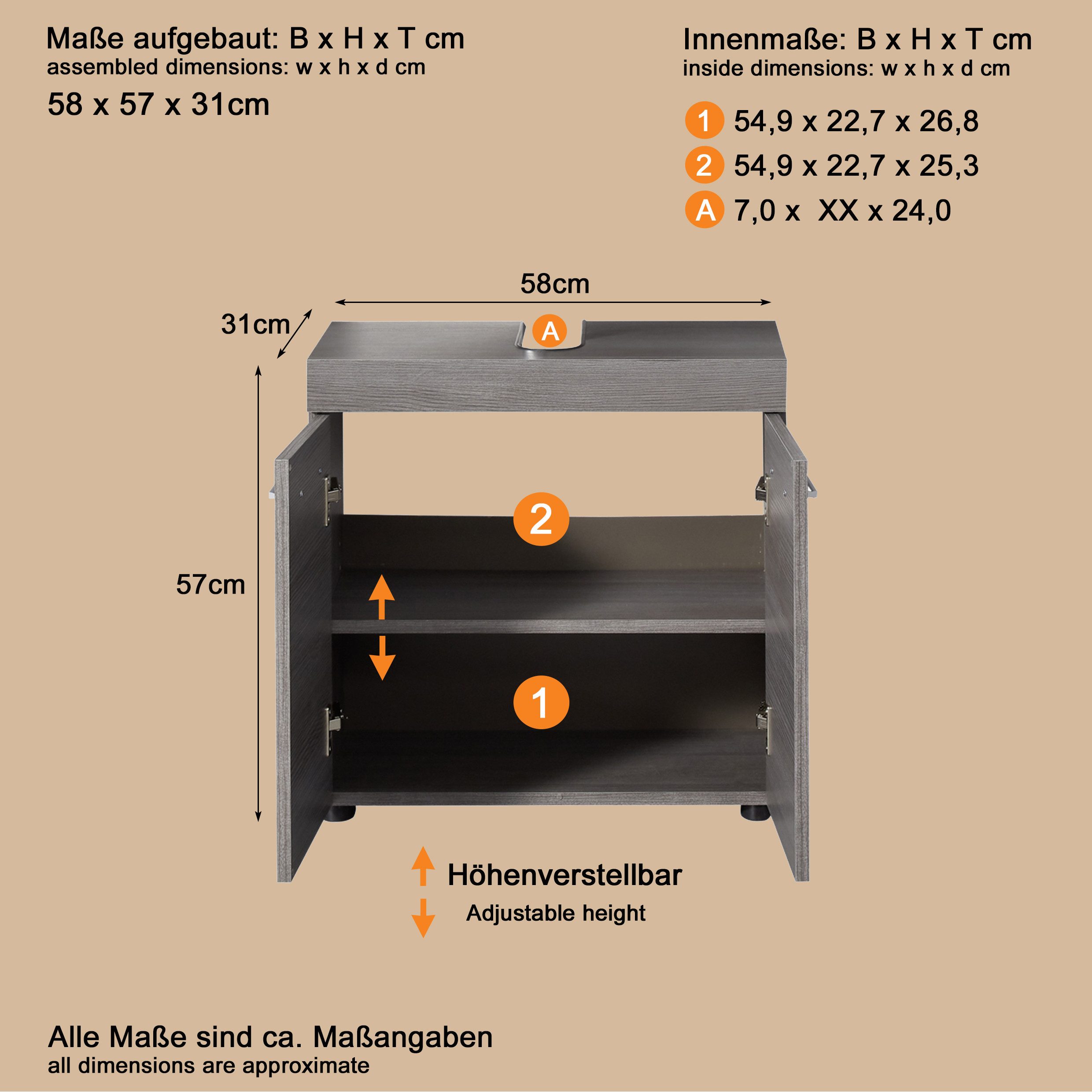 welltime Wastafelonderkast Royan Wastafel met 2 vakken in rookzilverkleur - Afmetingen (B/D/H) 58/31/57 cm