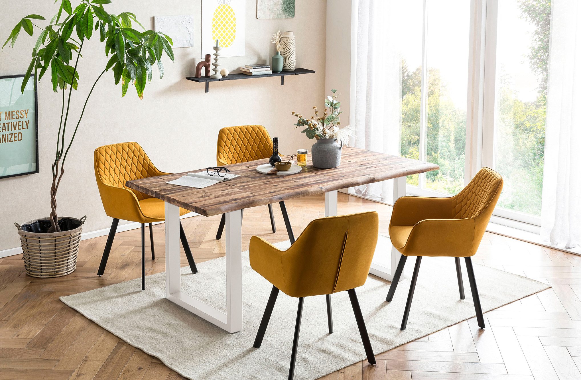 SalesFever Eethoek Tafelblad met ruwe balkoppervlak, rug met ruitstepping (set, 5-delig)