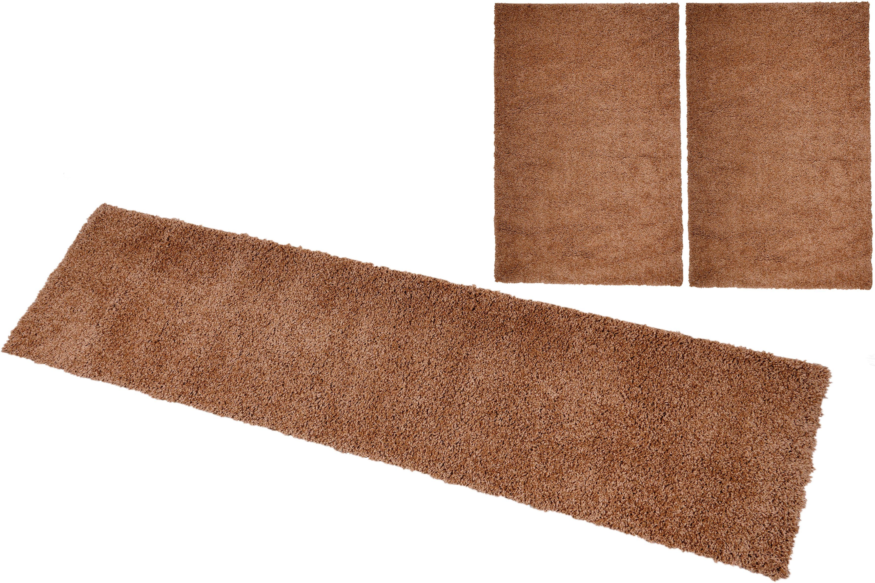 my home Set slaapkamerkleedjes Shaggy 30 geweven, 2- of 3-delig, slaapkamerkleed, loperset, unikleuren bedvloerkleden maat 14 bruin