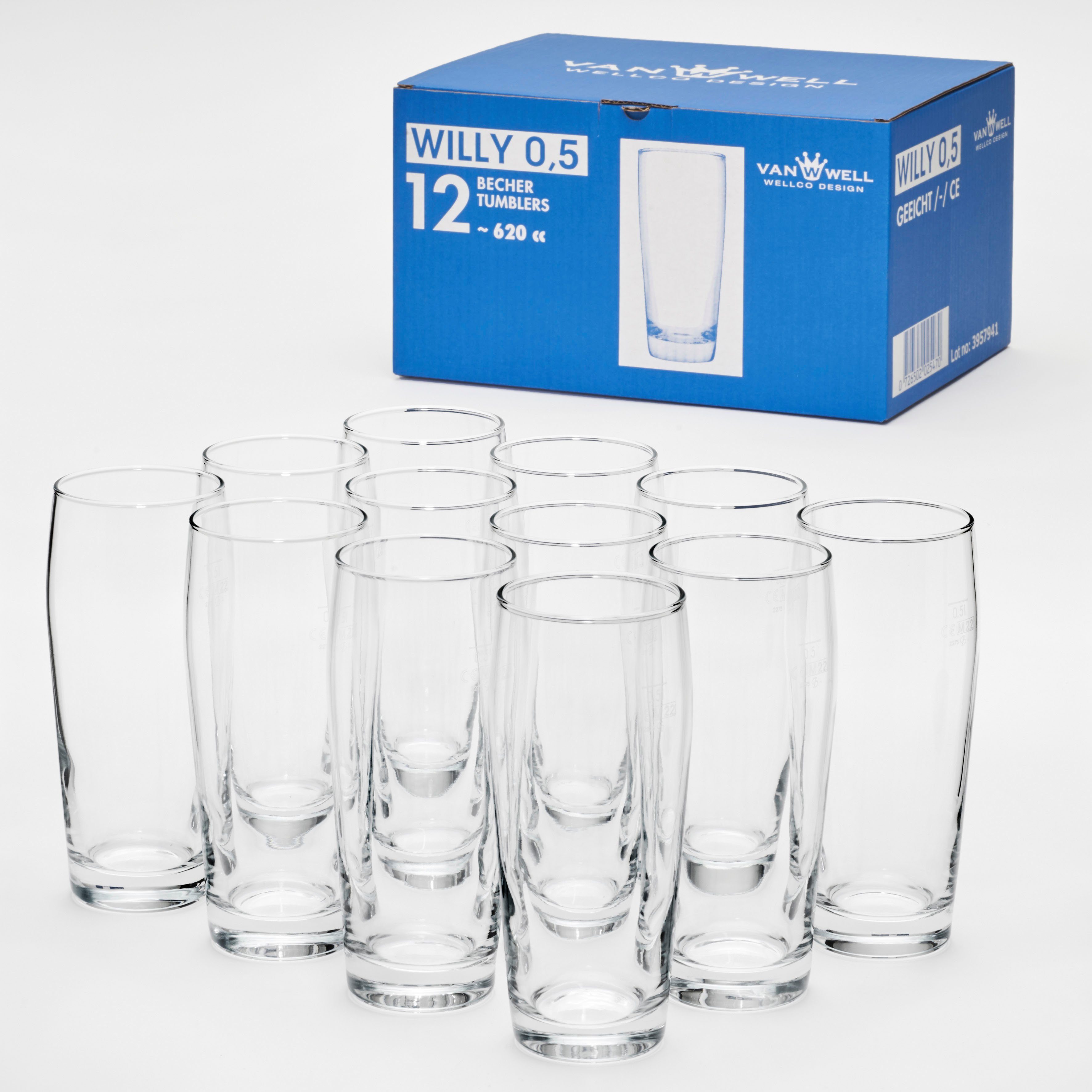 van Well Bierglas Willybecher 0,5 l, gekalibreerd, vaatwasmachinebestendig, horeca kwaliteit, 12-delig. (set, 12-delig)