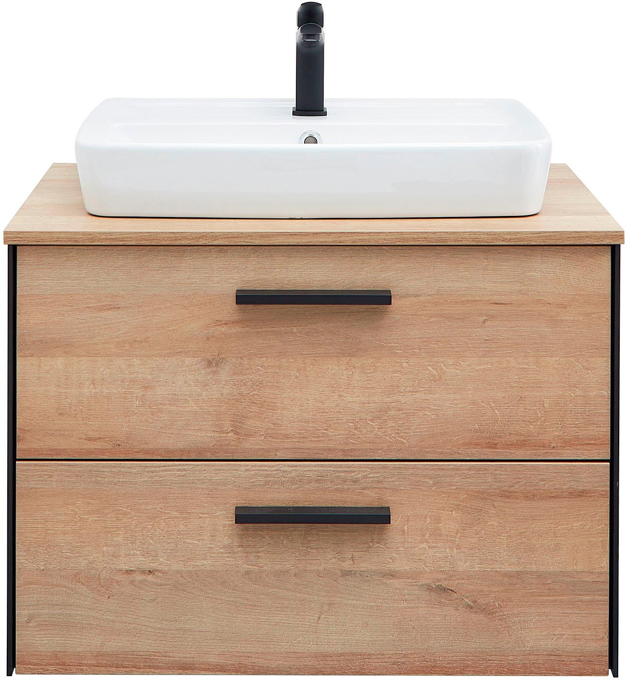 Saphir Badkamerserie Quickset 395 2-delig, keramieken opzetwasbak met led-spiegel Wastafelmeubel 73 cm breed, 2 laden, wastafelblad, badkameraccessoireset (4-delig)