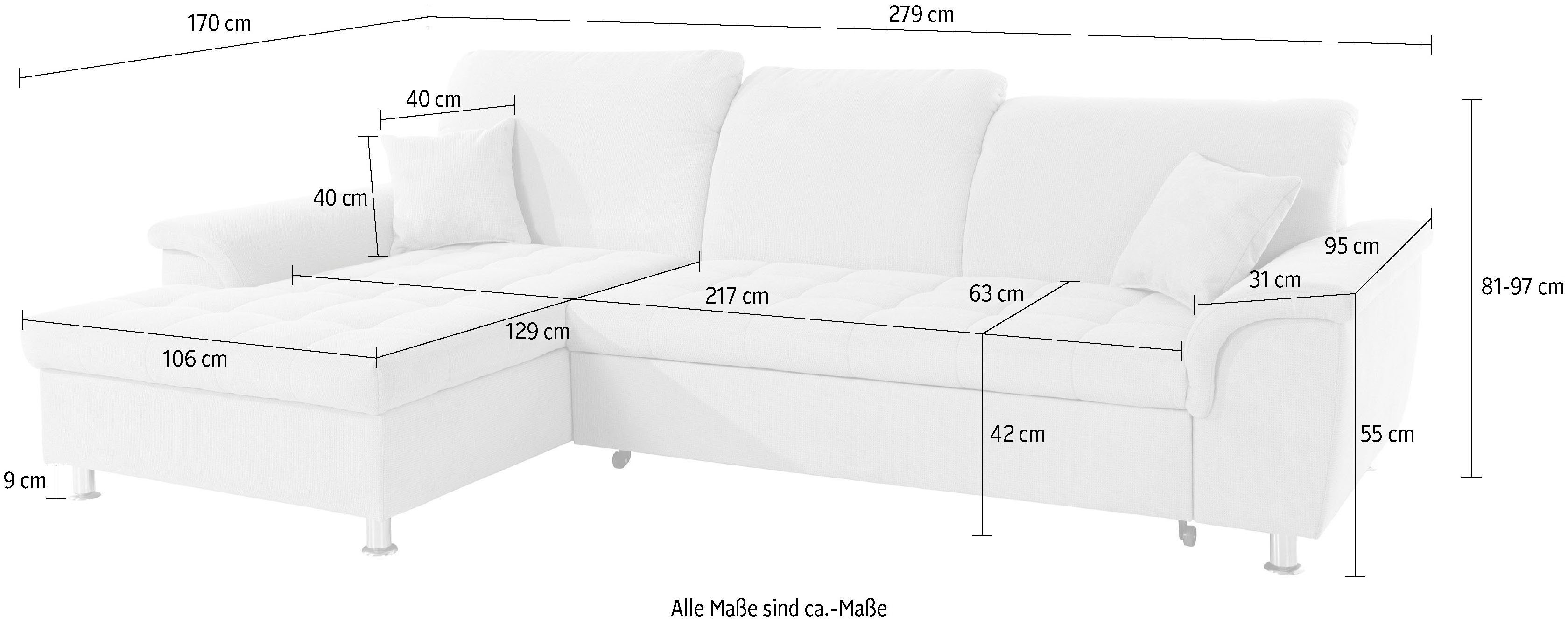 DOMO collection Hoekbank Franzi L-vorm naar keuze met verstelbare hoofdsteun (dan diepte: 170 cm)