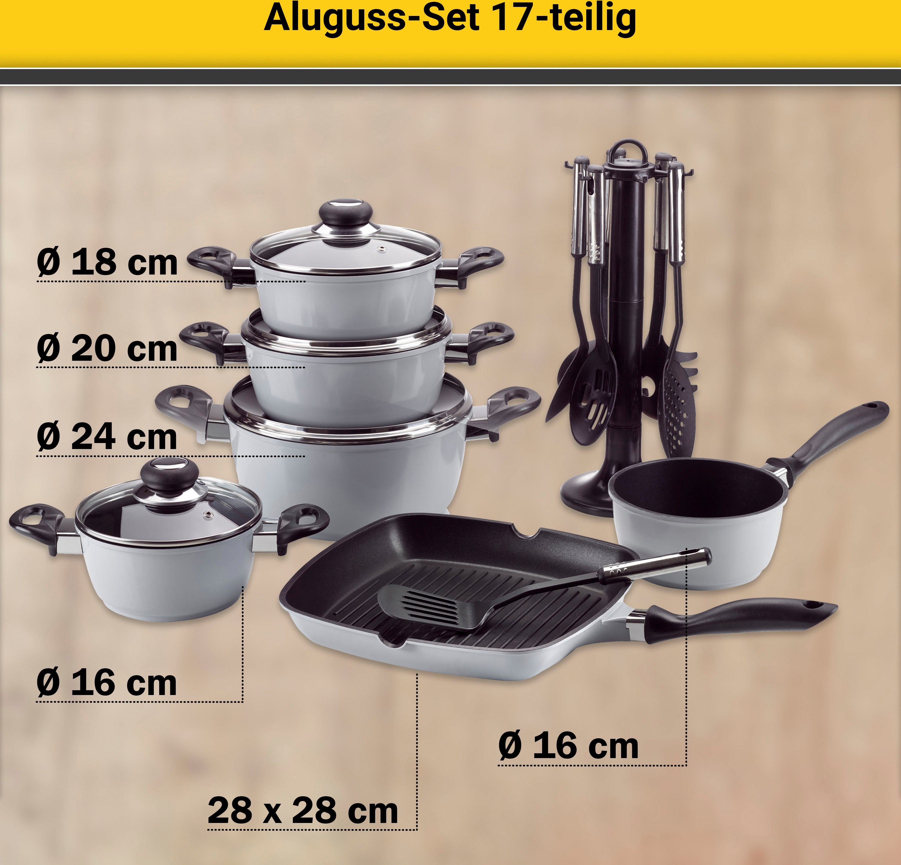 Krüger Pannenset Aluminium pot- en pan-set inclusief praktische keukenhulpmiddelen, 17-delig. (set)