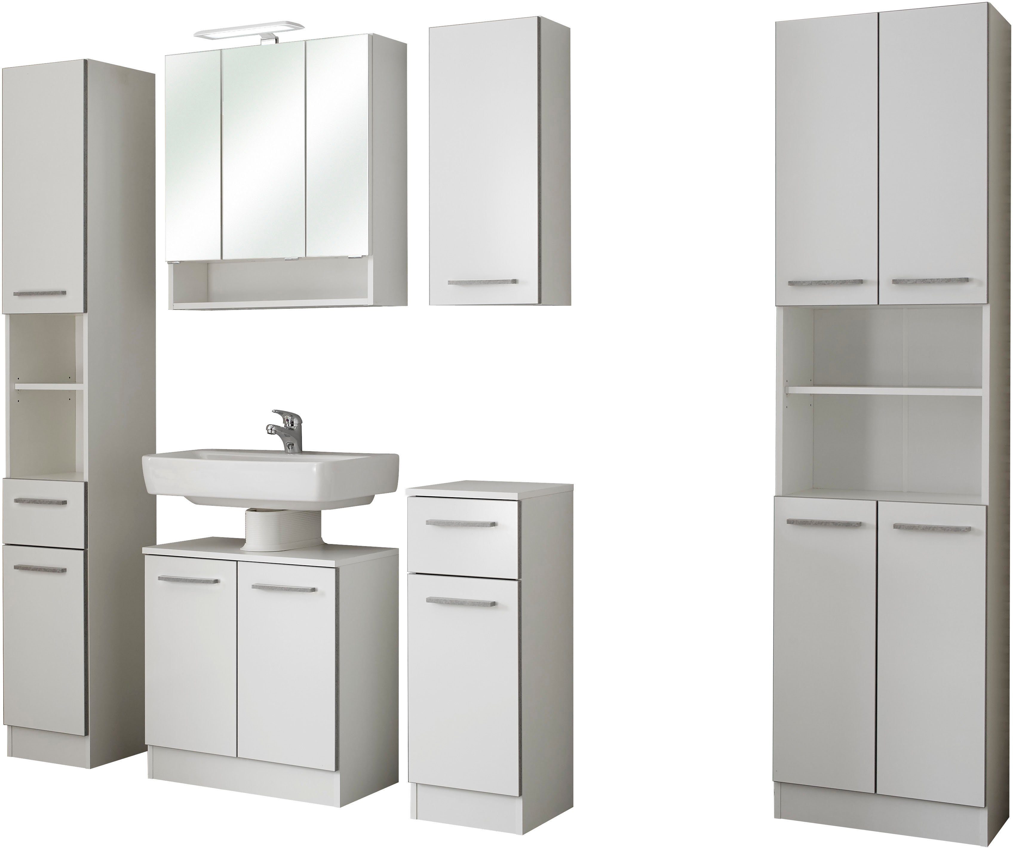 Saphir Badmeubelset Quickset 953 6-delig, wastafelonderkast en led-spiegelkast in glanzend wit, badkamermeubel inclusief deurdemper, zonder wasbak, 13 deuren (set, 6 stuks)