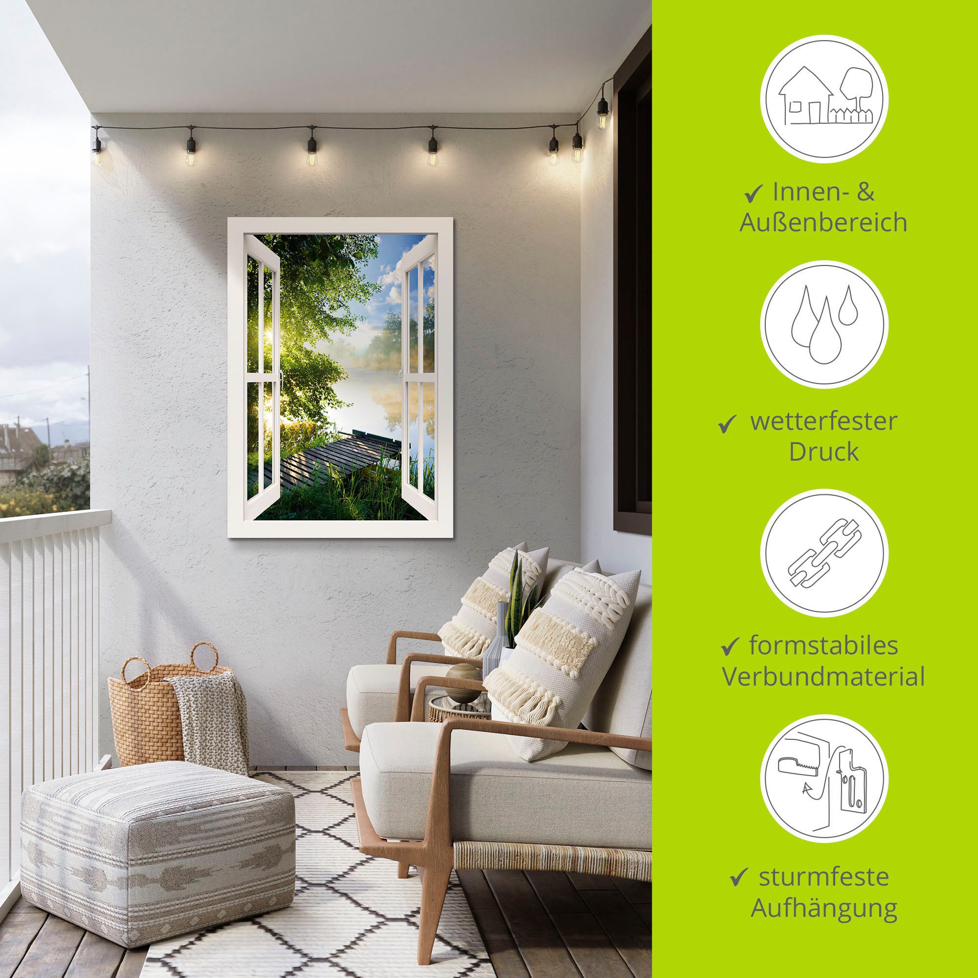 Artland Artprint Blik uit het venster visplek bij de rivier als artprint van aluminium, artprint voor buiten, artprint op linnen, poster, muursticker