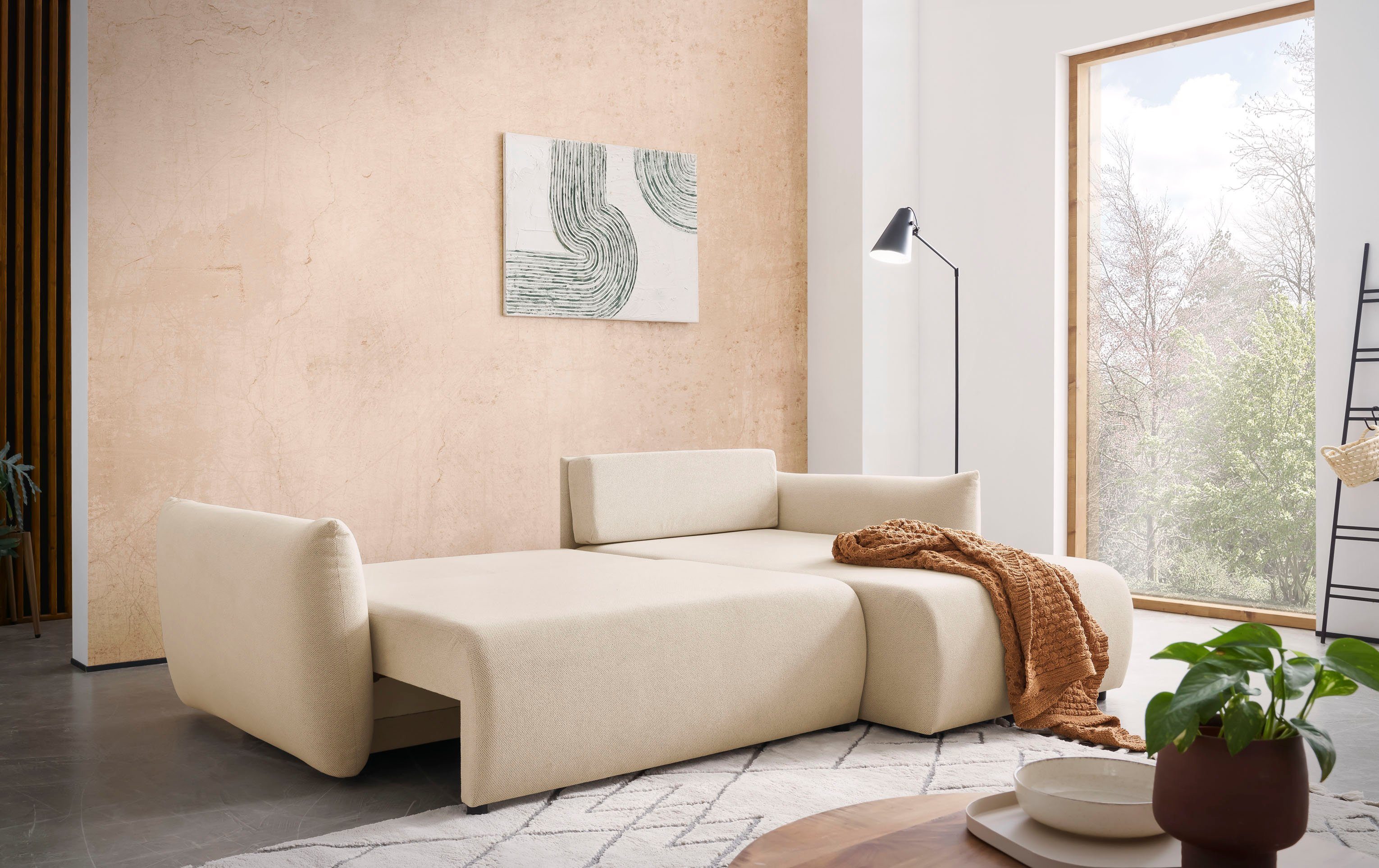 INOSIGN Hoekbank MAVAS bedbank met bedkist, L-model, ca. 257/127 cm (ligoppervlak 212/145 cm), ribfluweel, chenille, structuur