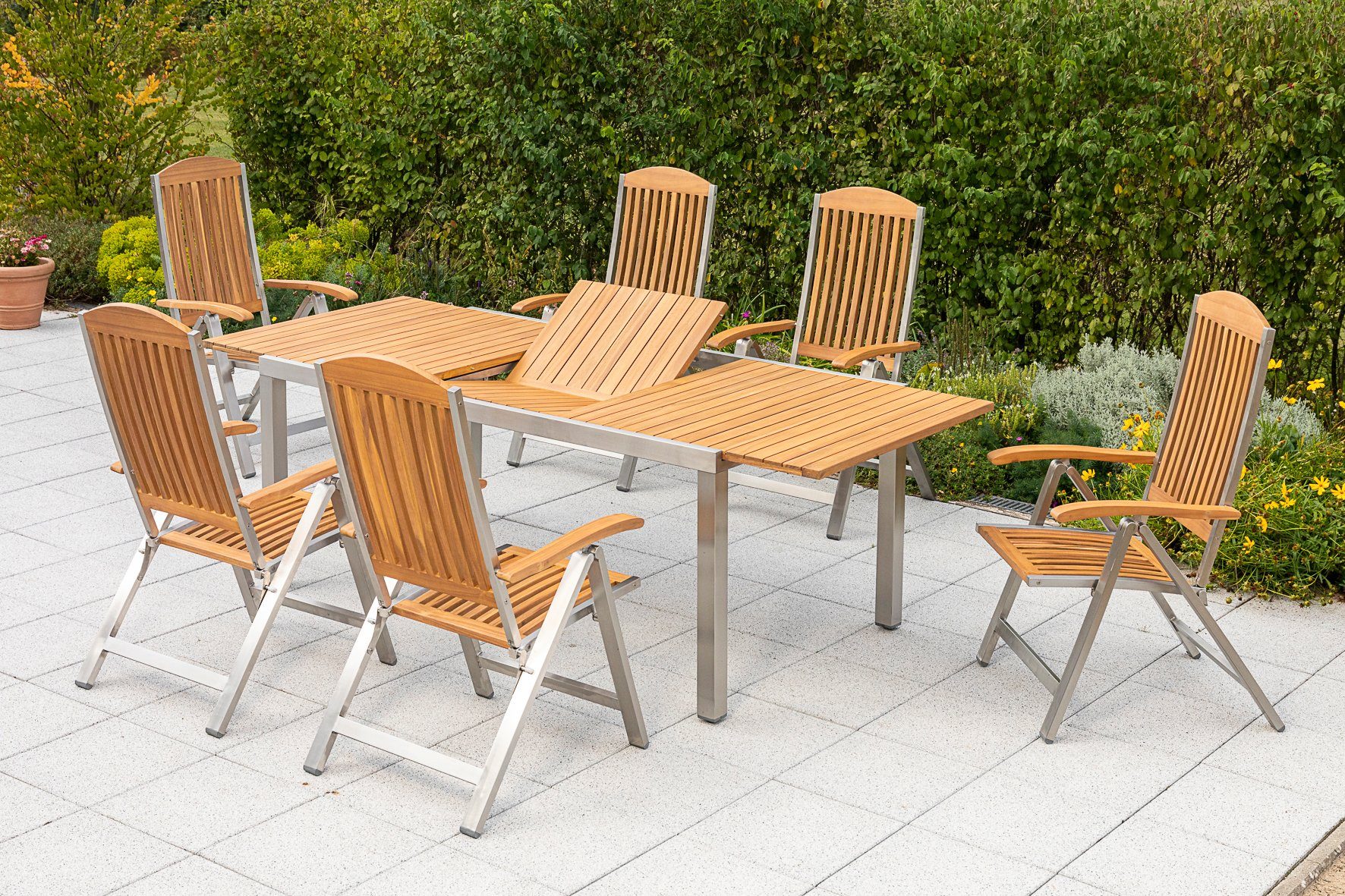 MERXX Tuin-eethoek Keros 6 klapstoelen met uittrekbare tafel (7-delig) tuinsets bruin