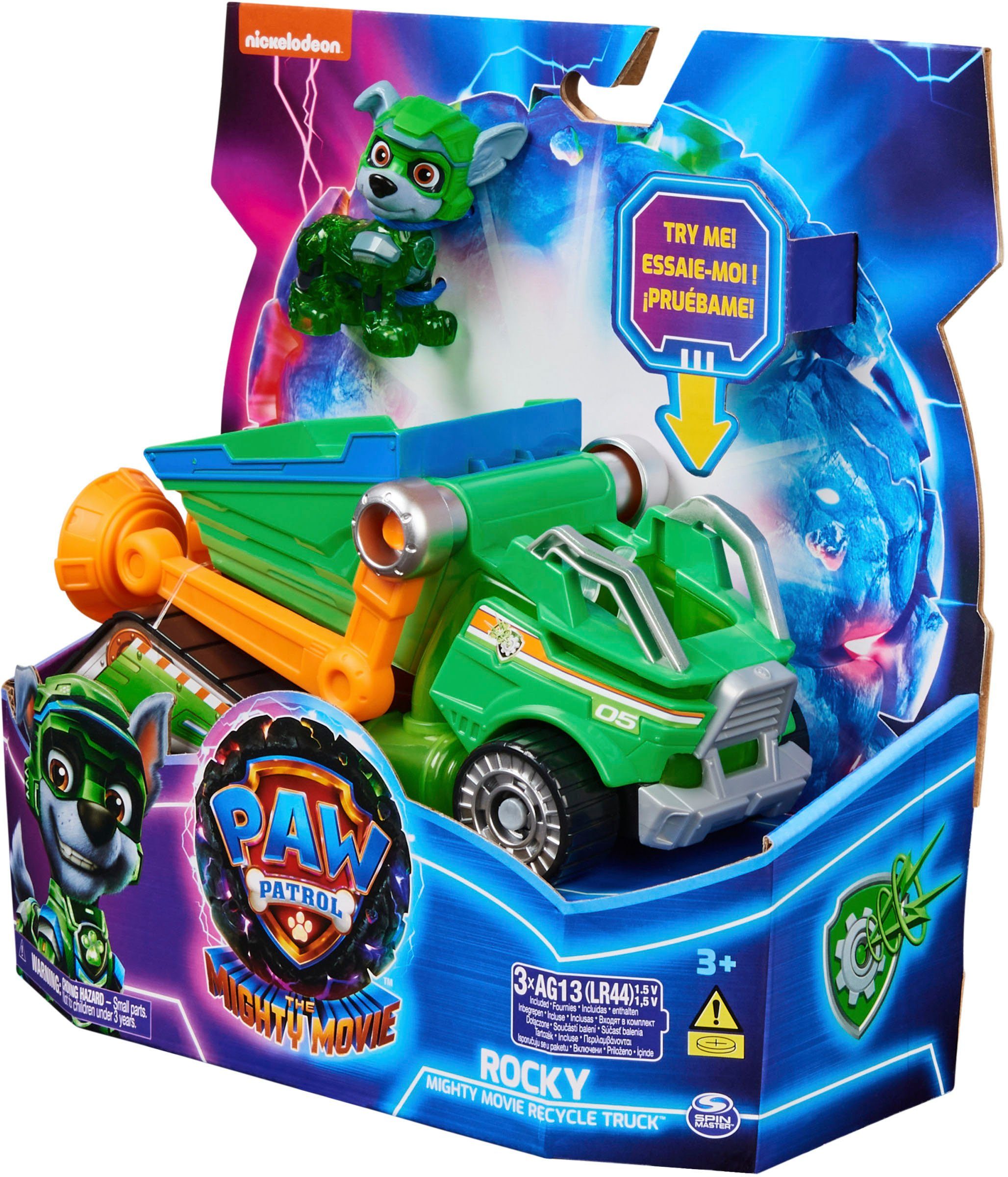 Spin Master Speelgoedauto Paw Patrol - Movie II - Basic Themed Vehicles Rocky Vuilnisauto met puppyfiguur, licht- en geluidseffect