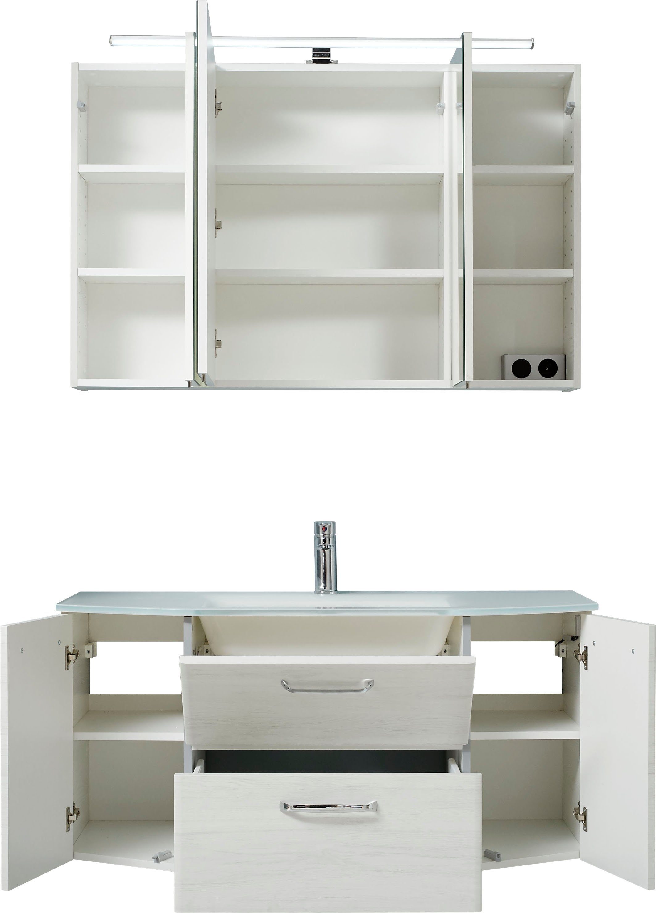 Saphir Badkamerserie Quickset 2-delig, glazen wastafel met LED-spiegelkast, 5 deuren Onderkast met wasbak, inclusief deurdemper, grepen glanzend chroom (set, 2-delig)
