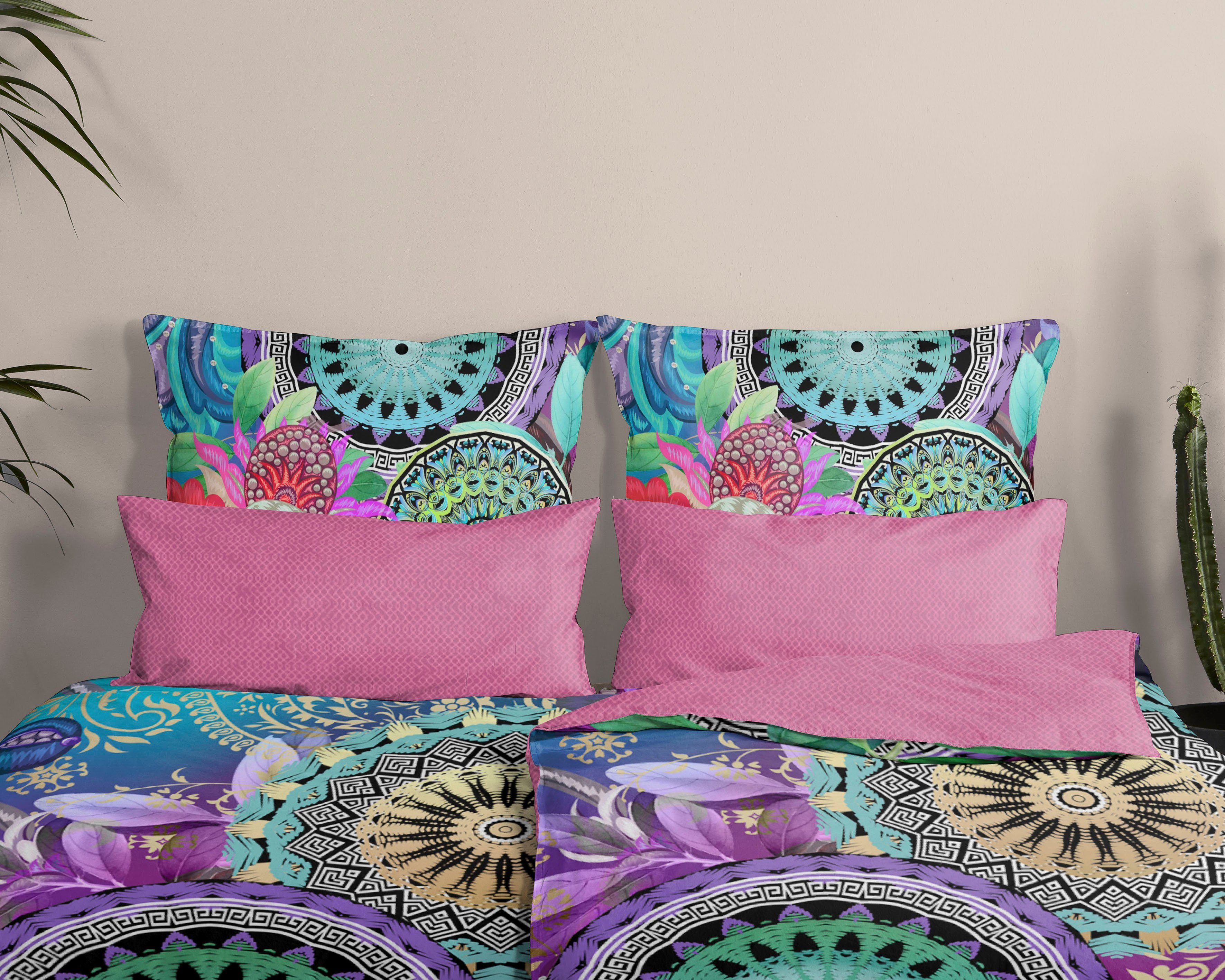 hip Tweezijdig te gebruiken overtrekset Axelle Mako-satijn, 135x200, Rits, Omkeerbaar, Mandala, Kleurrijk, Paars