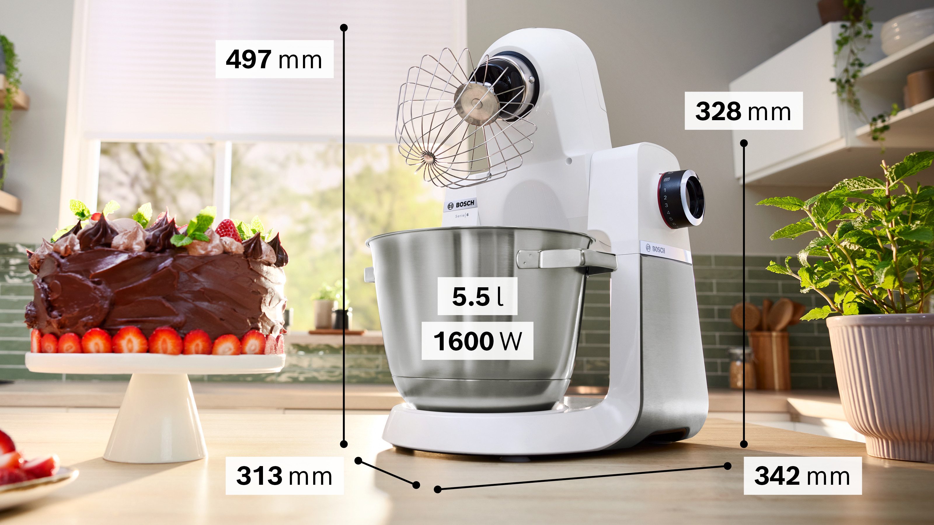 BOSCH Keukenmachine Serie 6 MUMS6EW24D, doorloopsnijder, roestvrijstalen kom, wit 7 standen, 4 schijven, citruspers, kneedhaak/meng-/siliconen garde