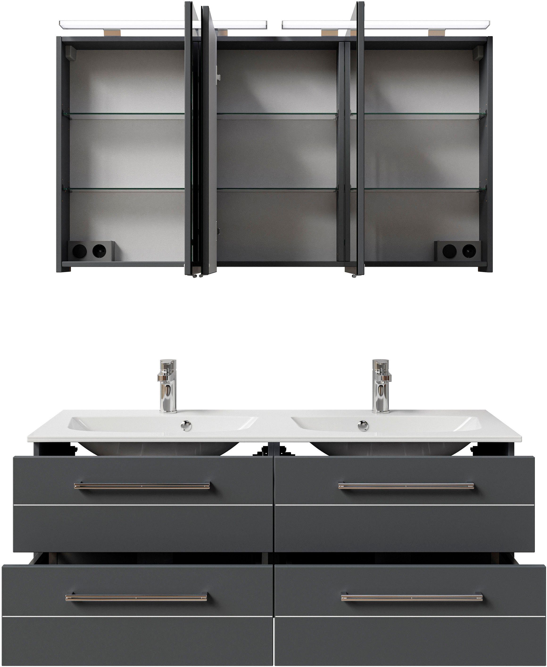 Saphir Badkamerserie Serie 6025 2-delig, mineraalmarmeren wastafel met led-spiegelkast Wastafelmeubel 132 cm breed, 4 laden, 2 spiegeldeuren, incl. deurdemper (2-delig)